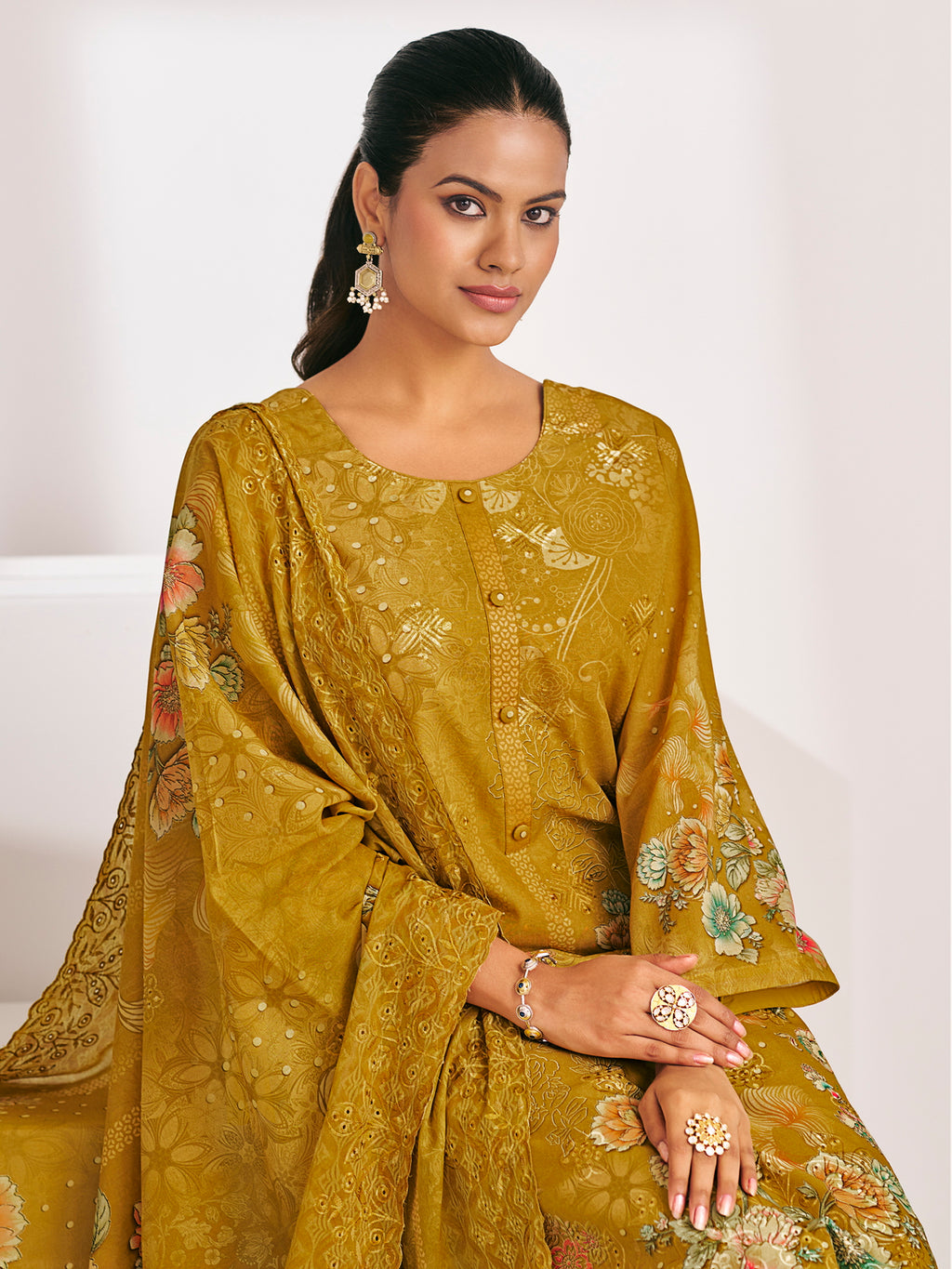 Mustard Lawn Cotton Digital Print Suit | Floral Design with Resham Thread Work