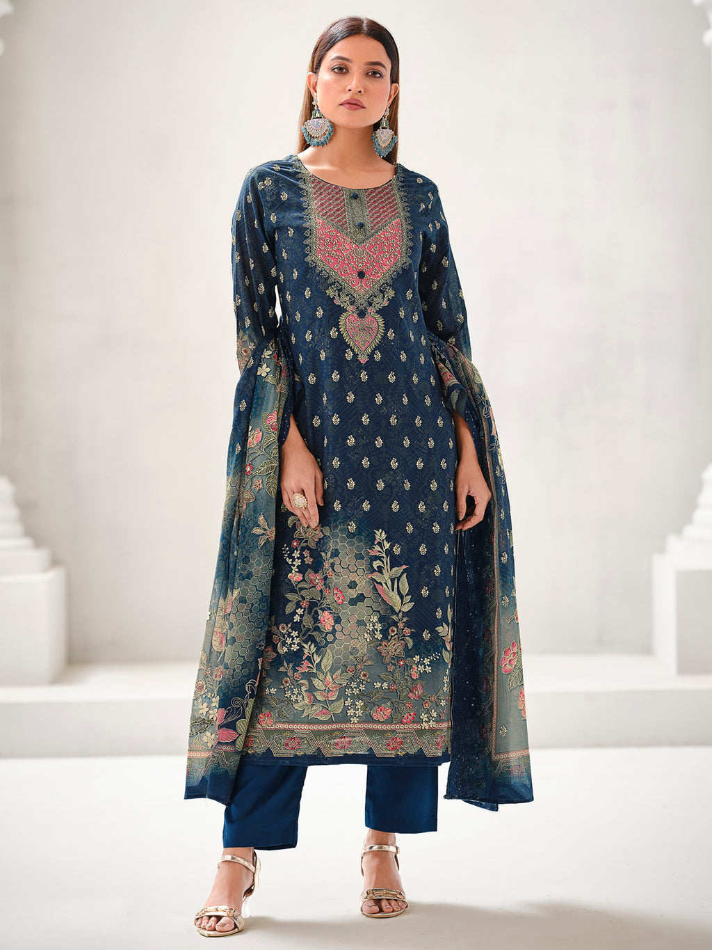 Navy Blue Lawn Cotton Digital Print Suit | Contrast Floral Design with Resham & Sequin Work