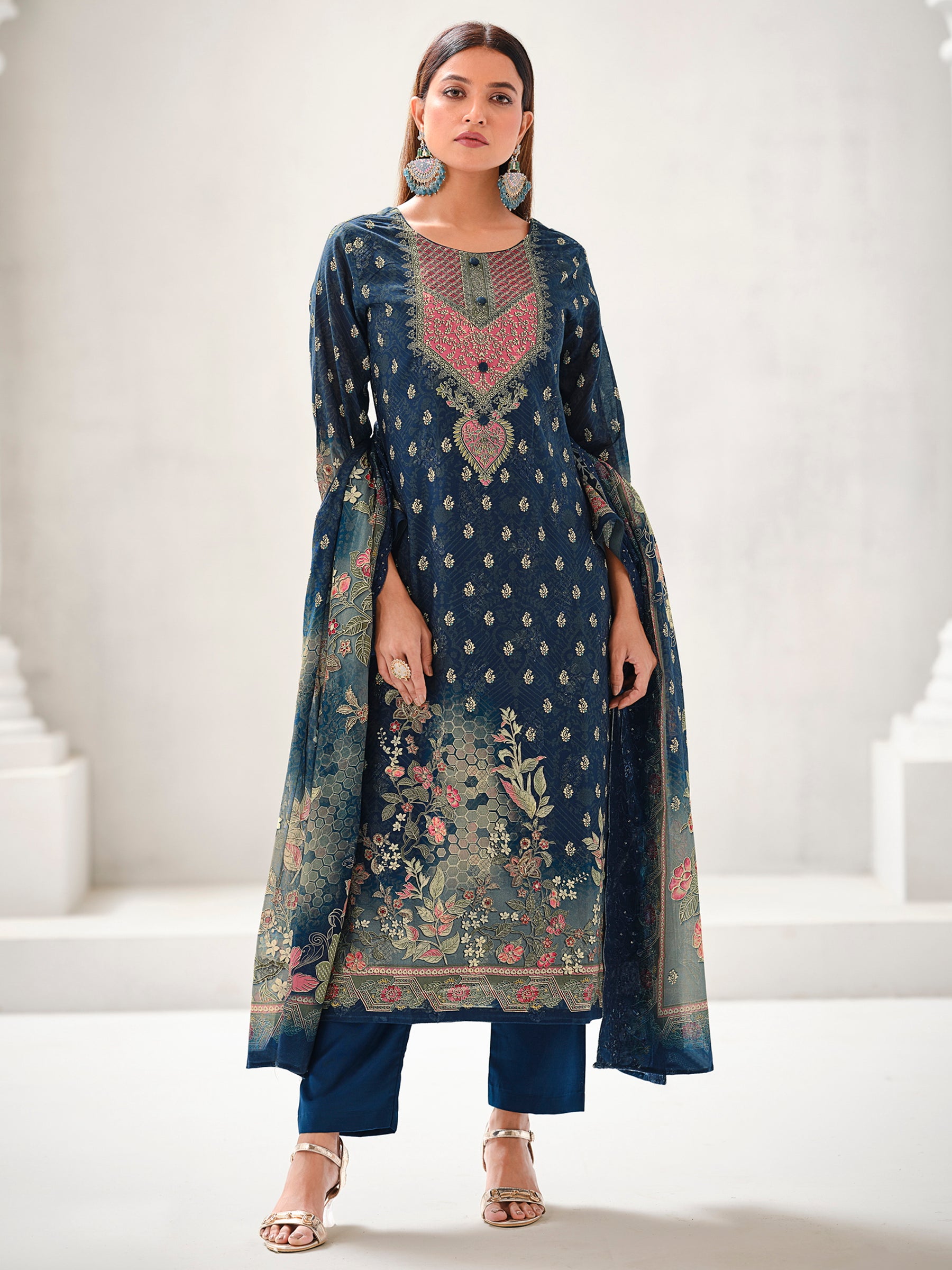 Navy Blue Lawn Cotton Digital Print Suit | Contrast Floral Design with Resham & Sequin Work