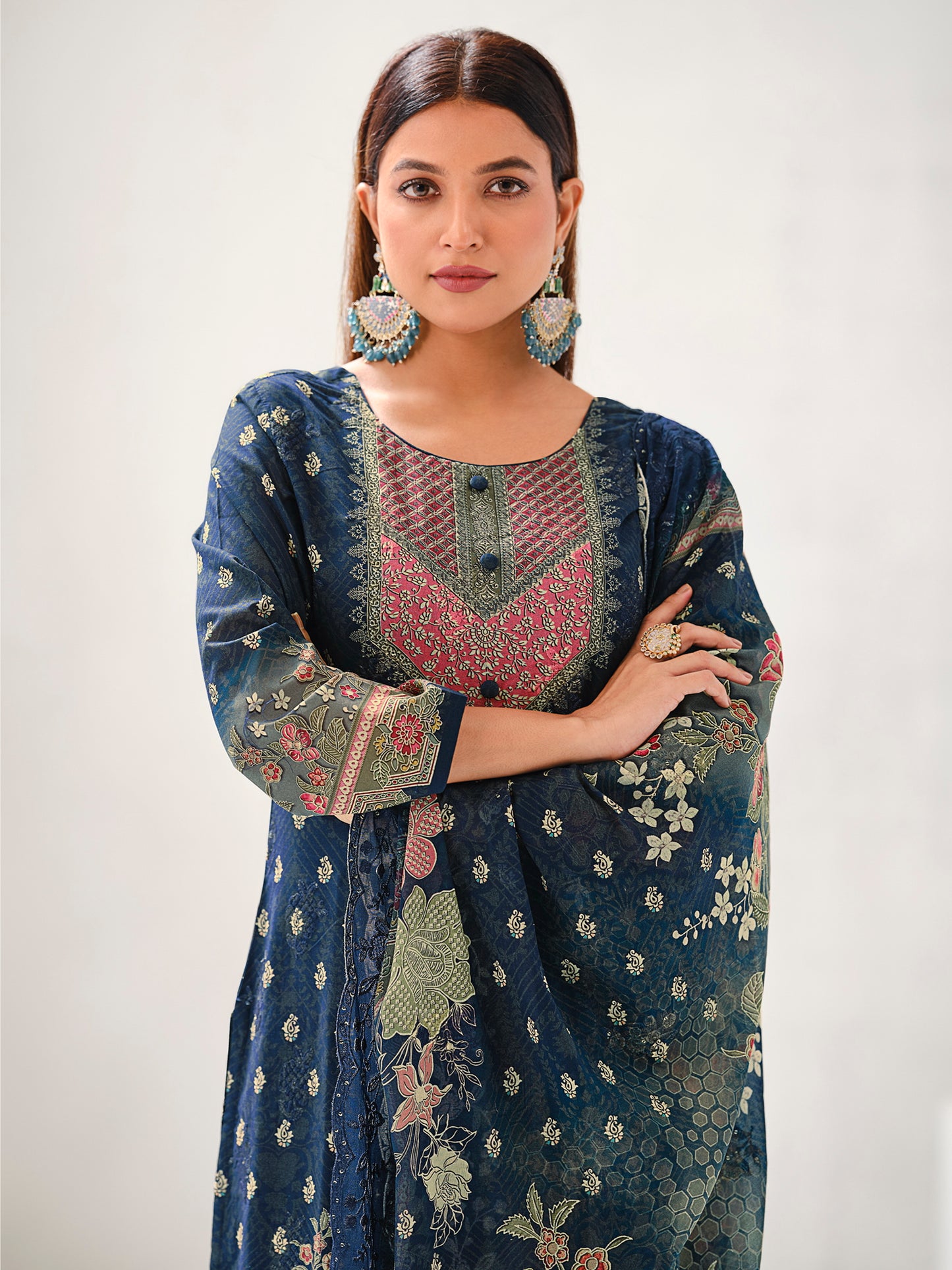 Navy Blue Lawn Cotton Digital Print Suit | Contrast Floral Design with Resham & Sequin Work| Unstitched Fabric