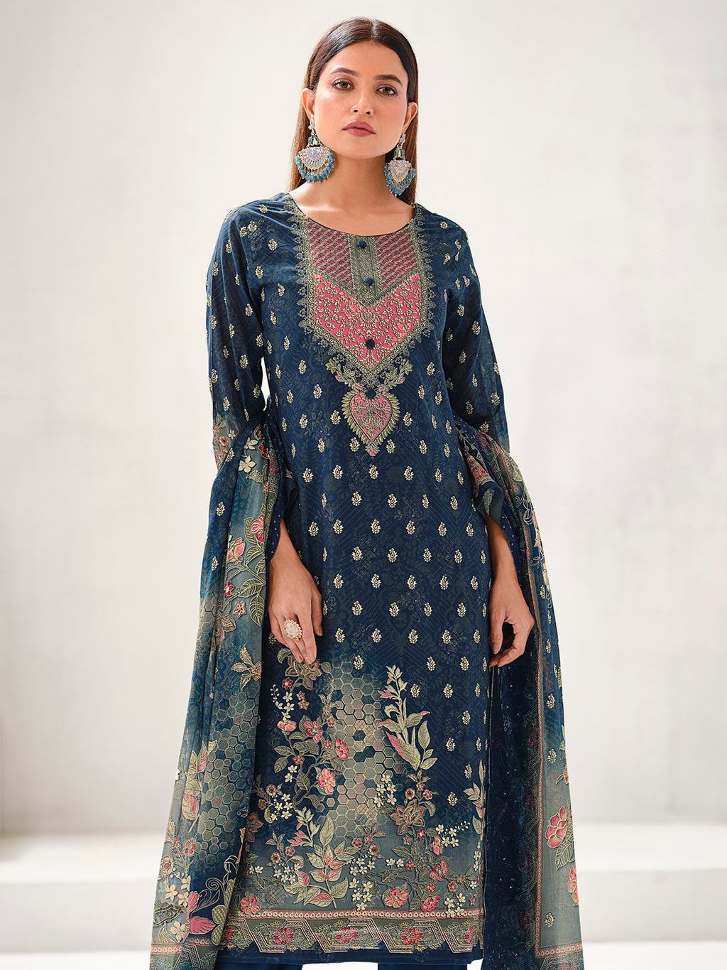 Navy Blue Lawn Cotton Digital Print Suit | Contrast Floral Design with Resham & Sequin Work