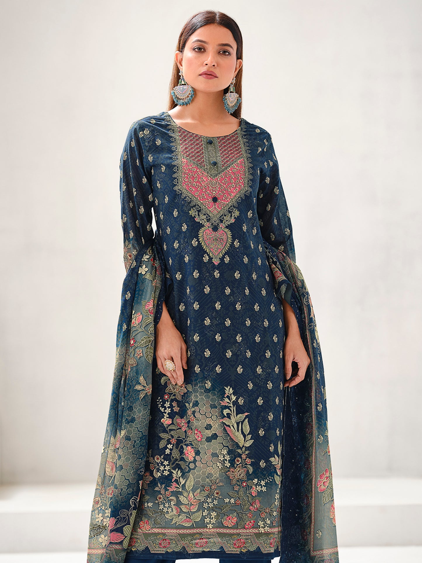 Navy Blue Lawn Cotton Digital Print Suit | Contrast Floral Design with Resham & Sequin Work| Unstitched Fabric