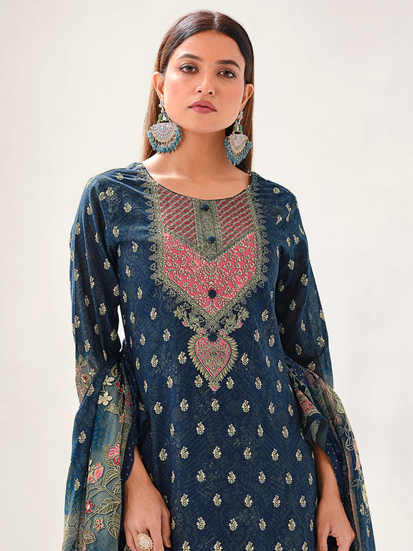 Navy Blue Lawn Cotton Digital Print Suit | Contrast Floral Design with Resham & Sequin Work