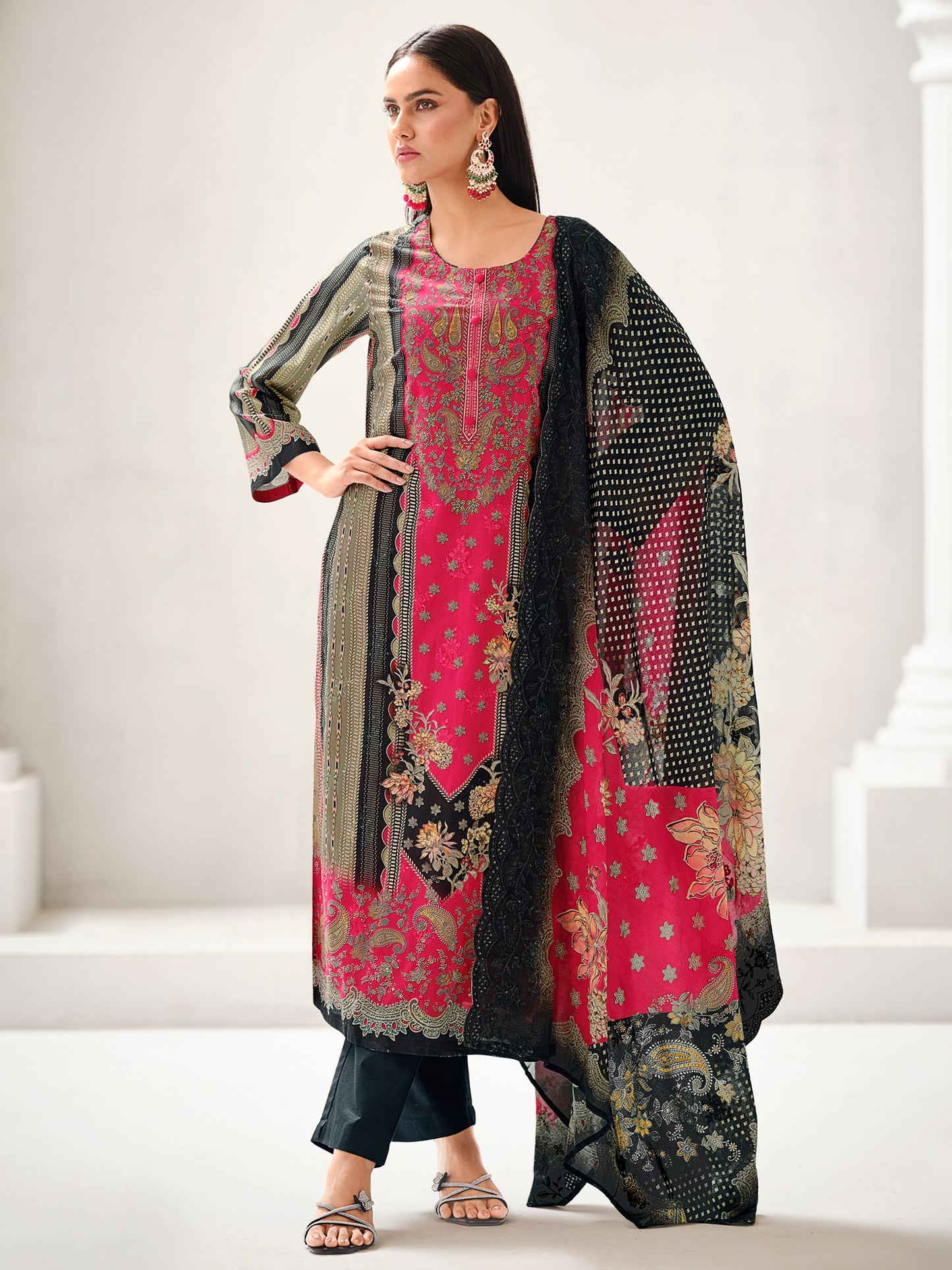 Magenta & Black Multi Lawn Cotton Suit | Contrast Floral Print with Resham & Sequin Embellishments| Unstitched Fabric