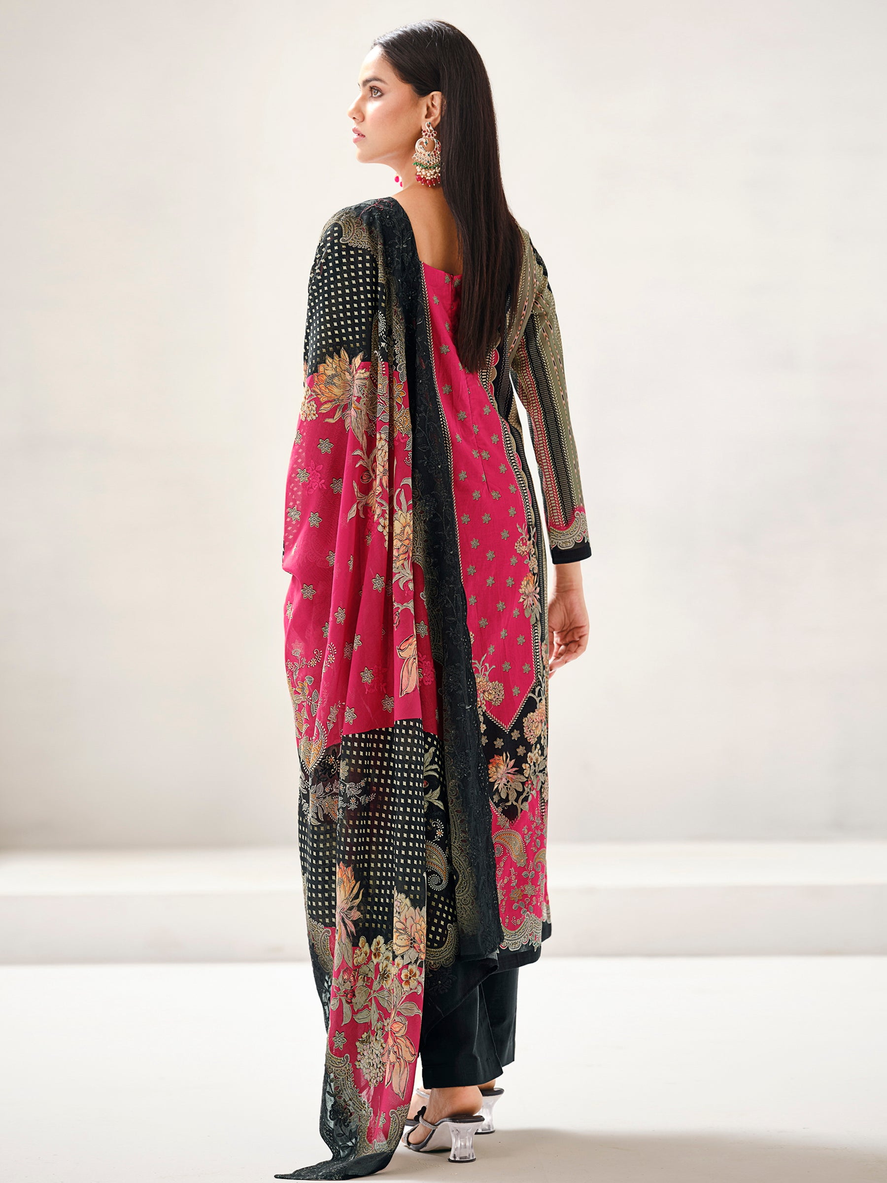 Magenta & Black Multi Lawn Cotton Suit | Contrast Floral Print with Resham & Sequin Embellishments