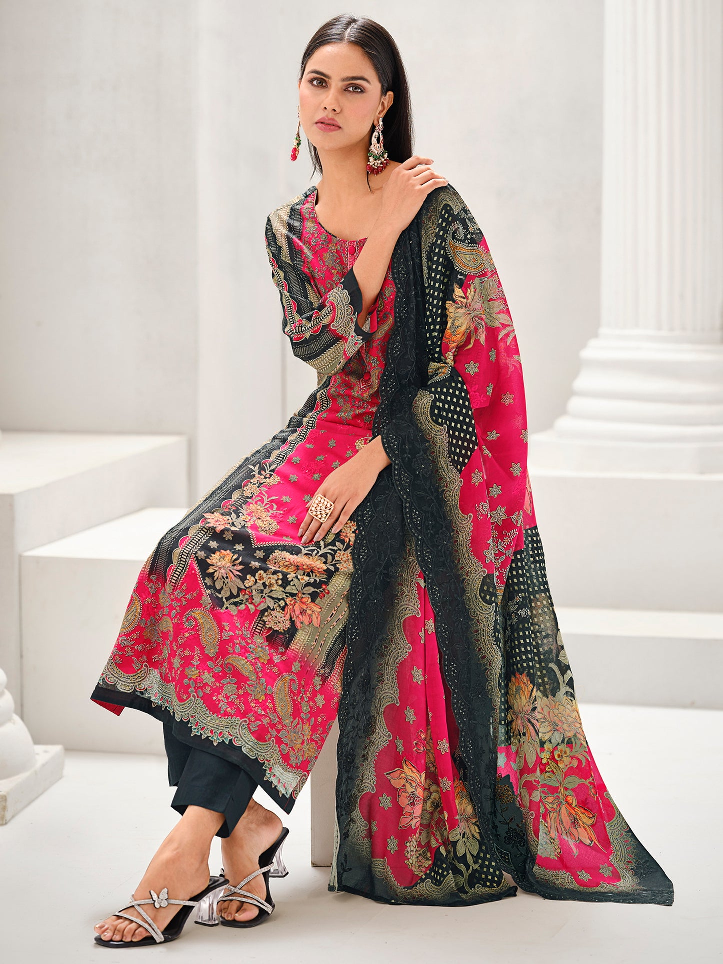 Magenta & Black Multi Lawn Cotton Suit | Contrast Floral Print with Resham & Sequin Embellishments| Unstitched Fabric