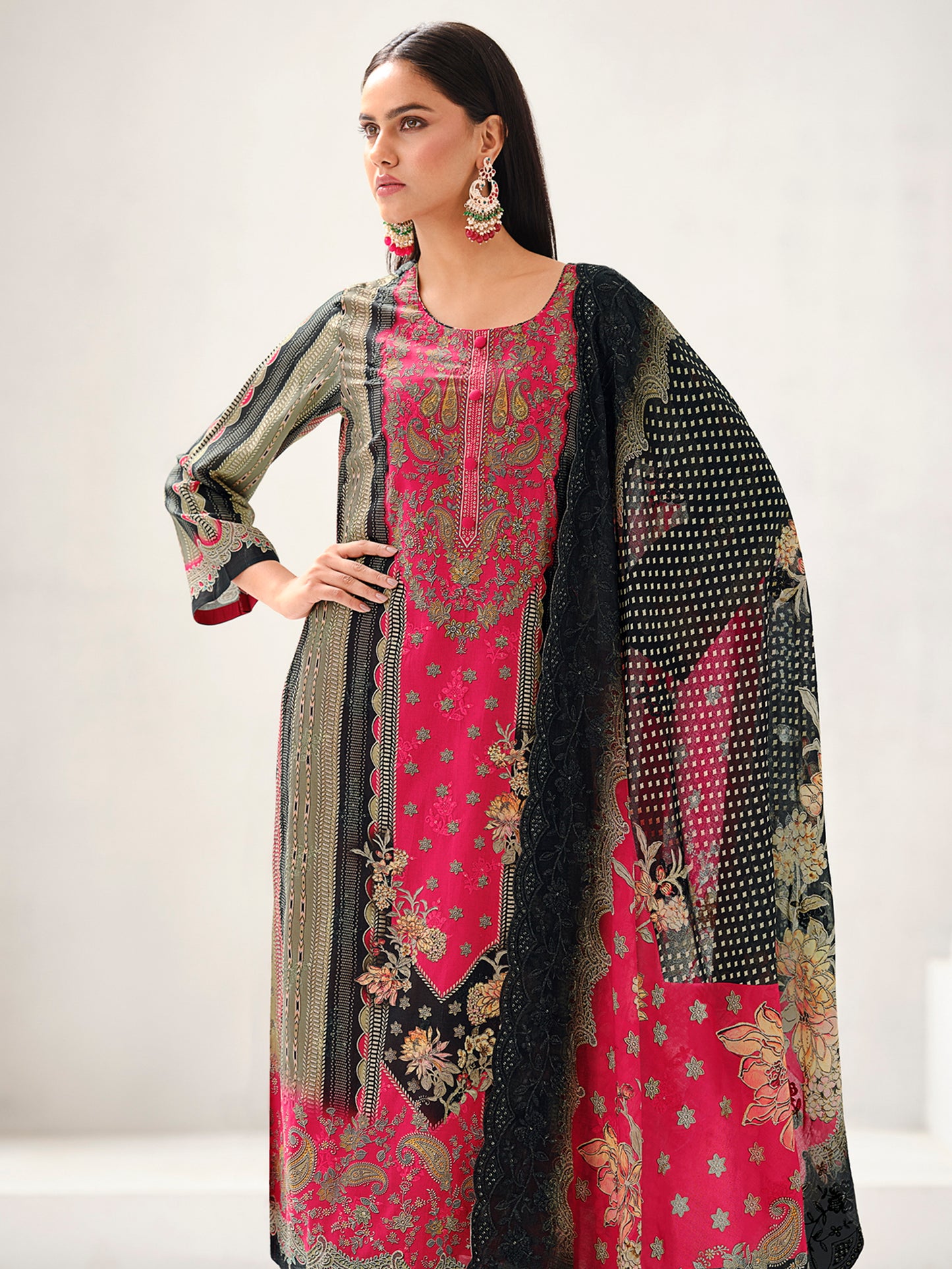 Magenta & Black Multi Lawn Cotton Suit | Contrast Floral Print with Resham & Sequin Embellishments| Unstitched Fabric