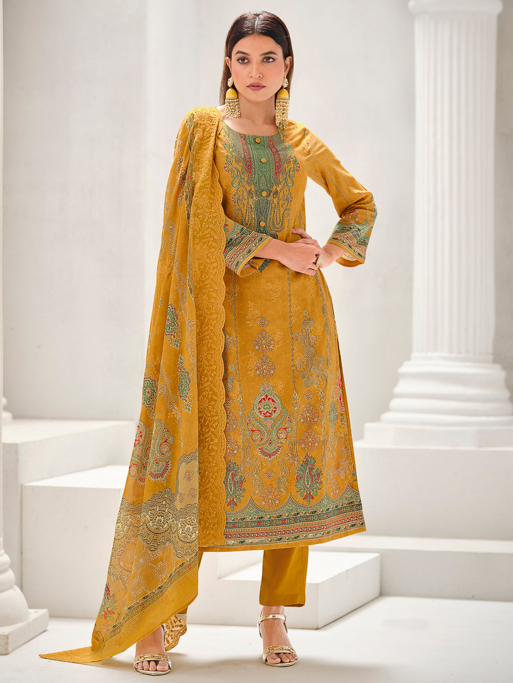 Mustard Lawn Cotton Digital Print Suit | Contrast Floral Design with Resham & Sequin Work