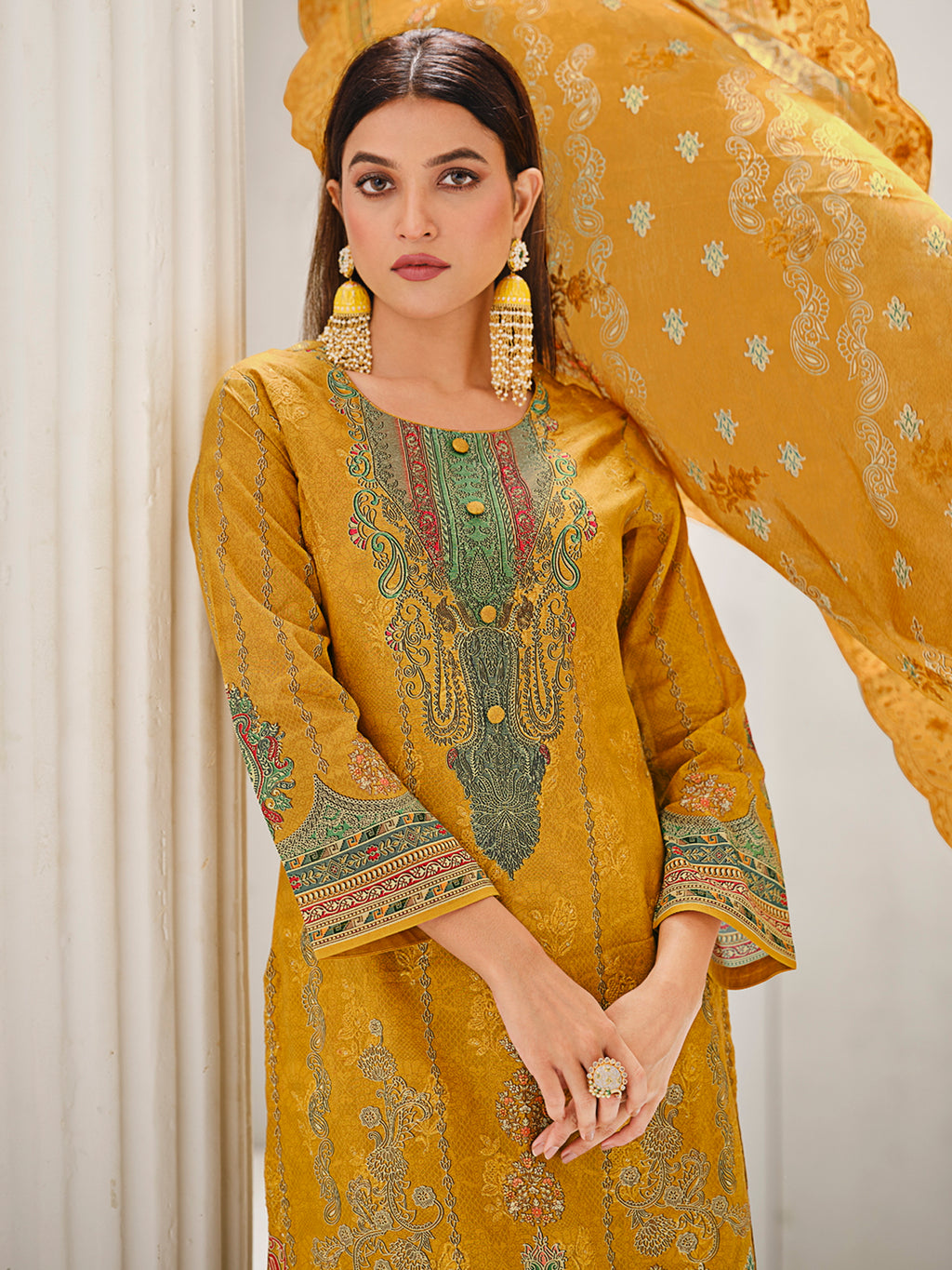 Mustard Lawn Cotton Digital Print Suit | Contrast Floral Design with Resham & Sequin Work