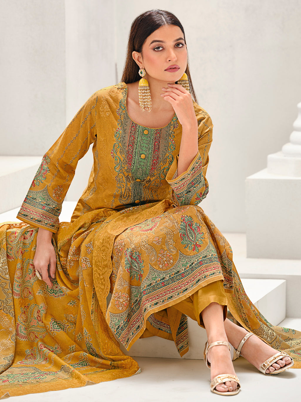 Mustard Lawn Cotton Digital Print Suit | Contrast Floral Design with Resham & Sequin Work