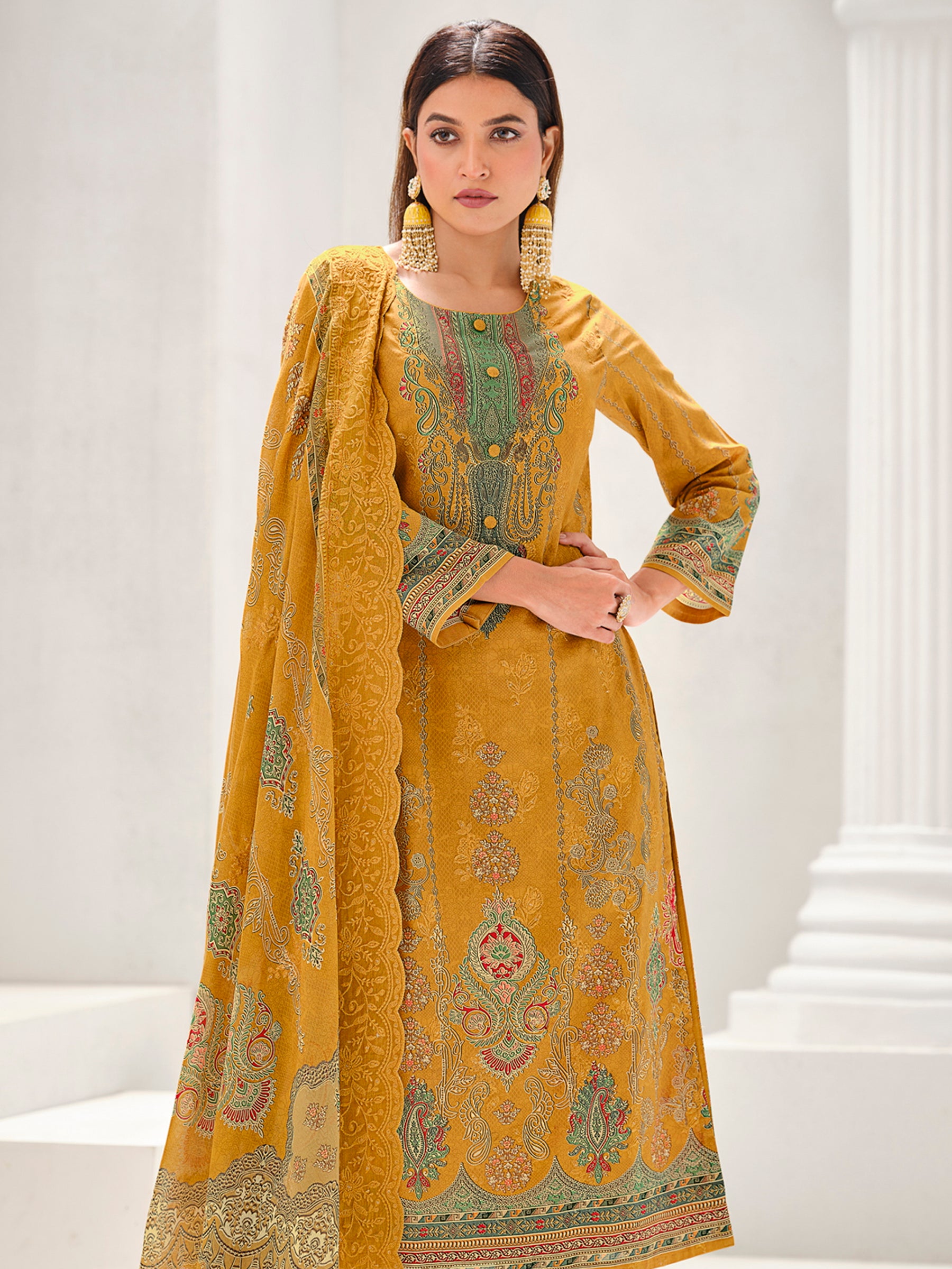 Mustard Lawn Cotton Digital Print Suit | Contrast Floral Design with Resham & Sequin Work