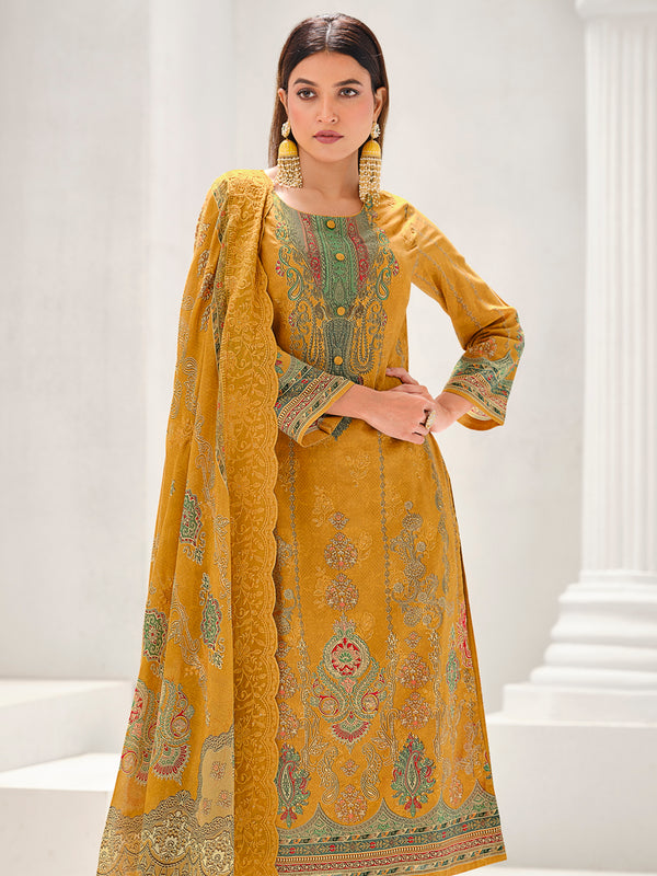 Mustard Lawn Cotton Digital Print Suit | Contrast Floral Design with Resham & Sequin Work