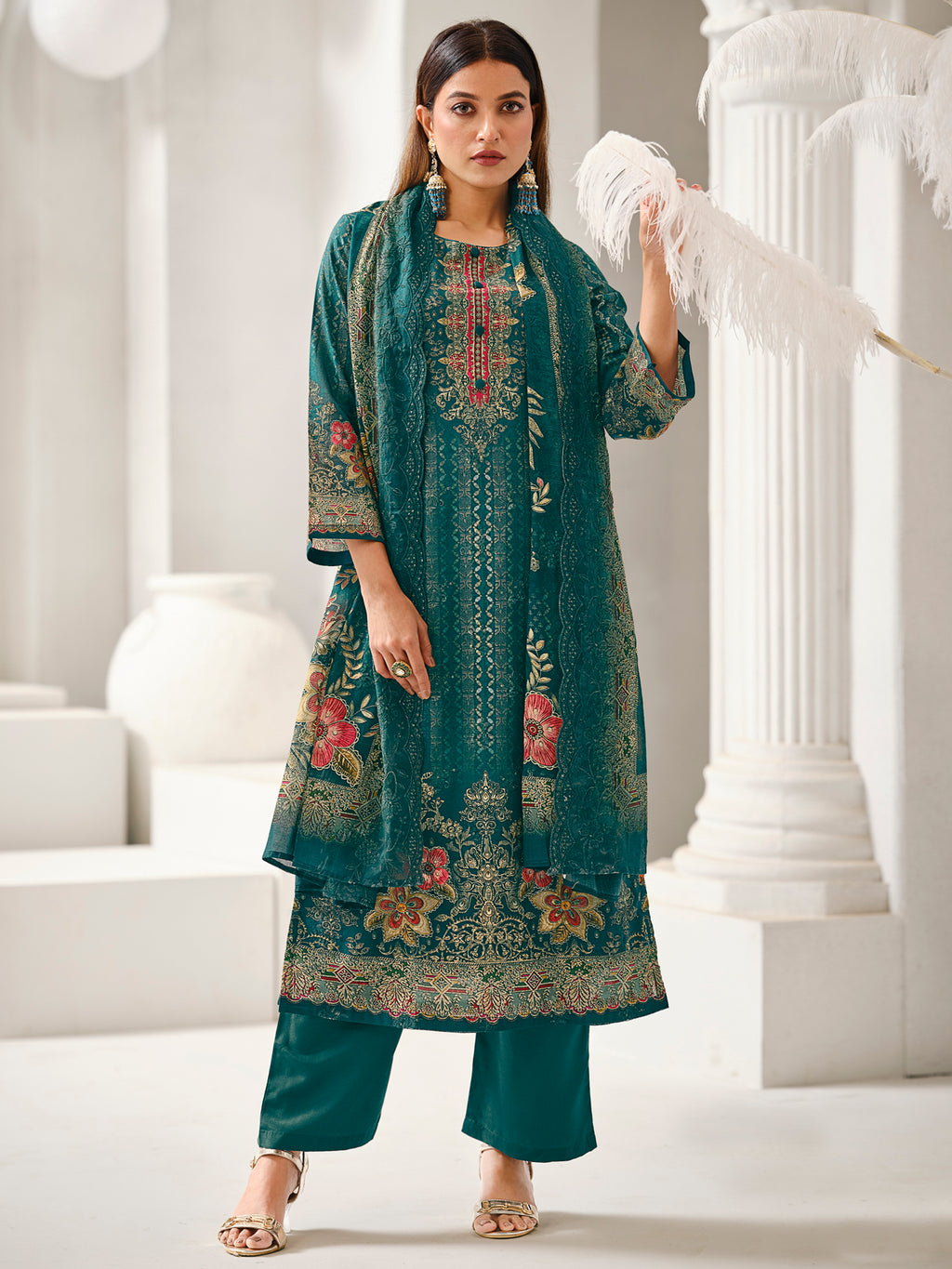 Teal Lawn Cotton Digital Print Suit | Contrast Floral Design with Resham & Sequin Work
