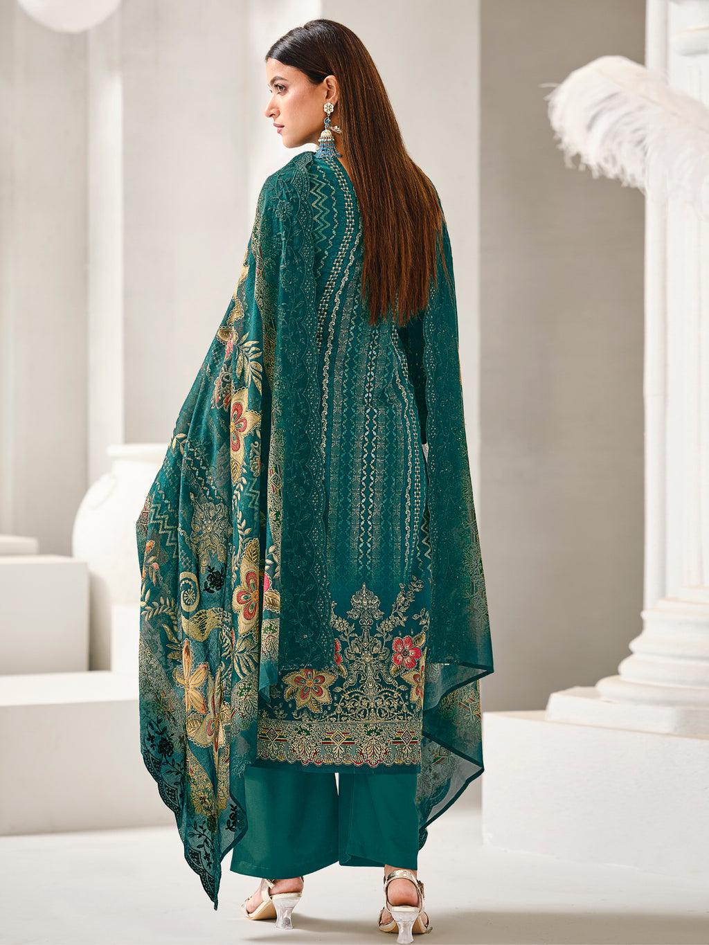 Teal Lawn Cotton Digital Print Suit | Contrast Floral Design with Resham & Sequin Work