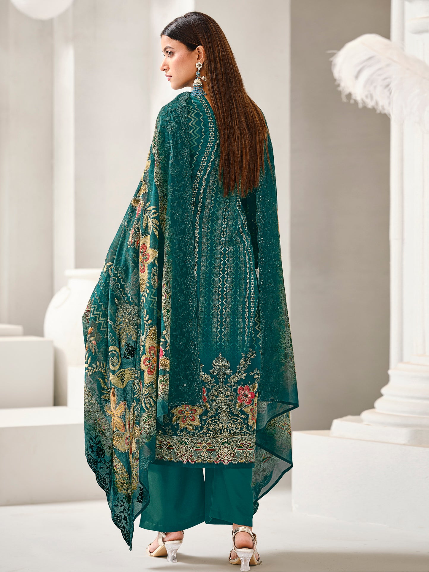 Teal Lawn Cotton Digital Print Suit | Contrast Floral Design with Resham & Sequin Work| Unstitched Fabric
