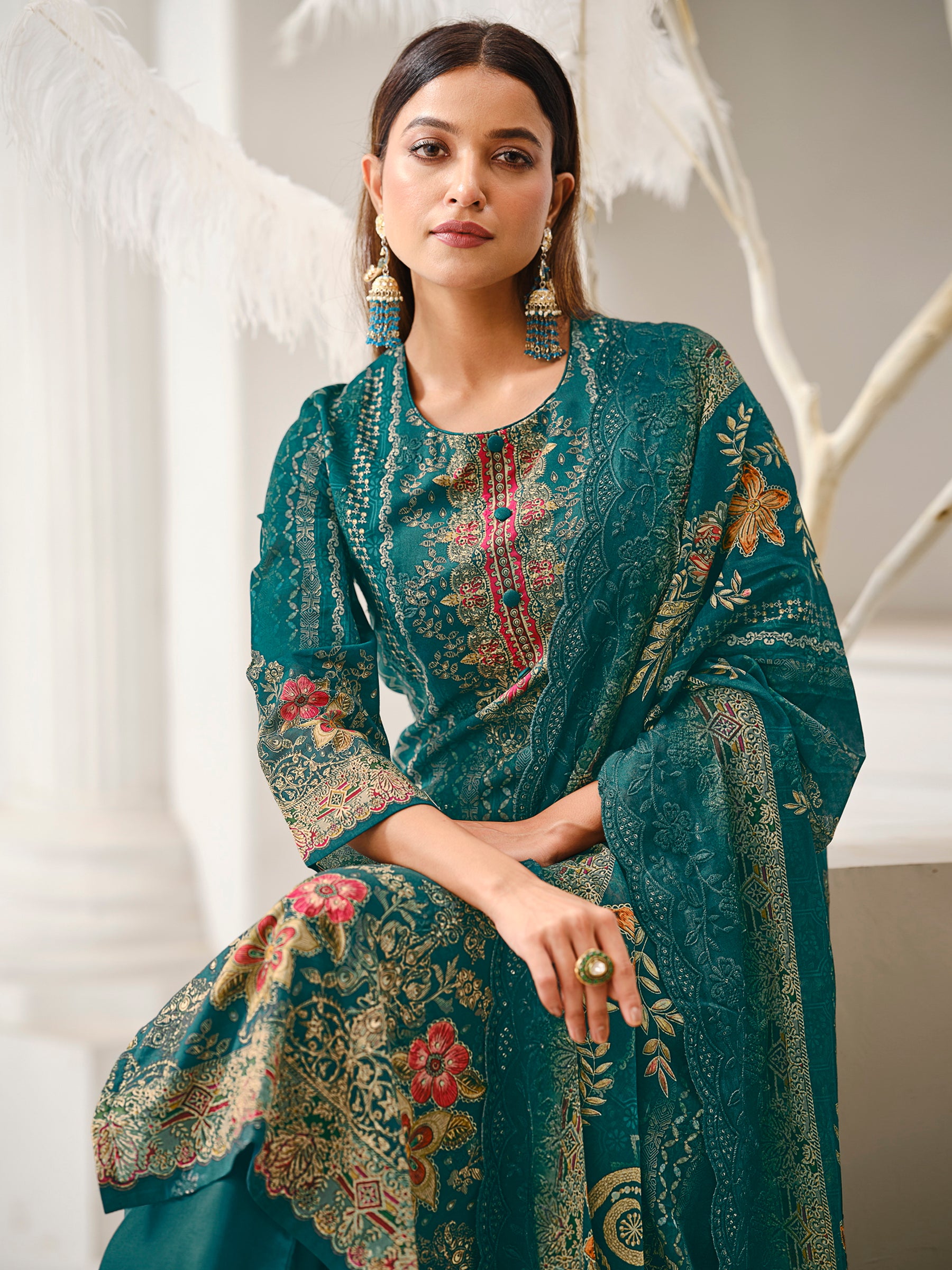 Teal Lawn Cotton Digital Print Suit | Contrast Floral Design with Resham & Sequin Work