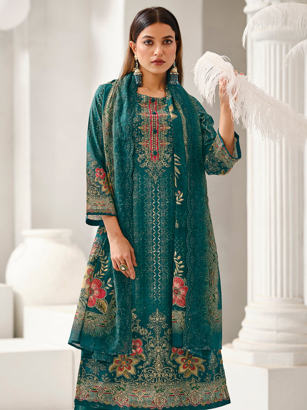 Teal Lawn Cotton Digital Print Suit | Contrast Floral Design with Resham & Sequin Work