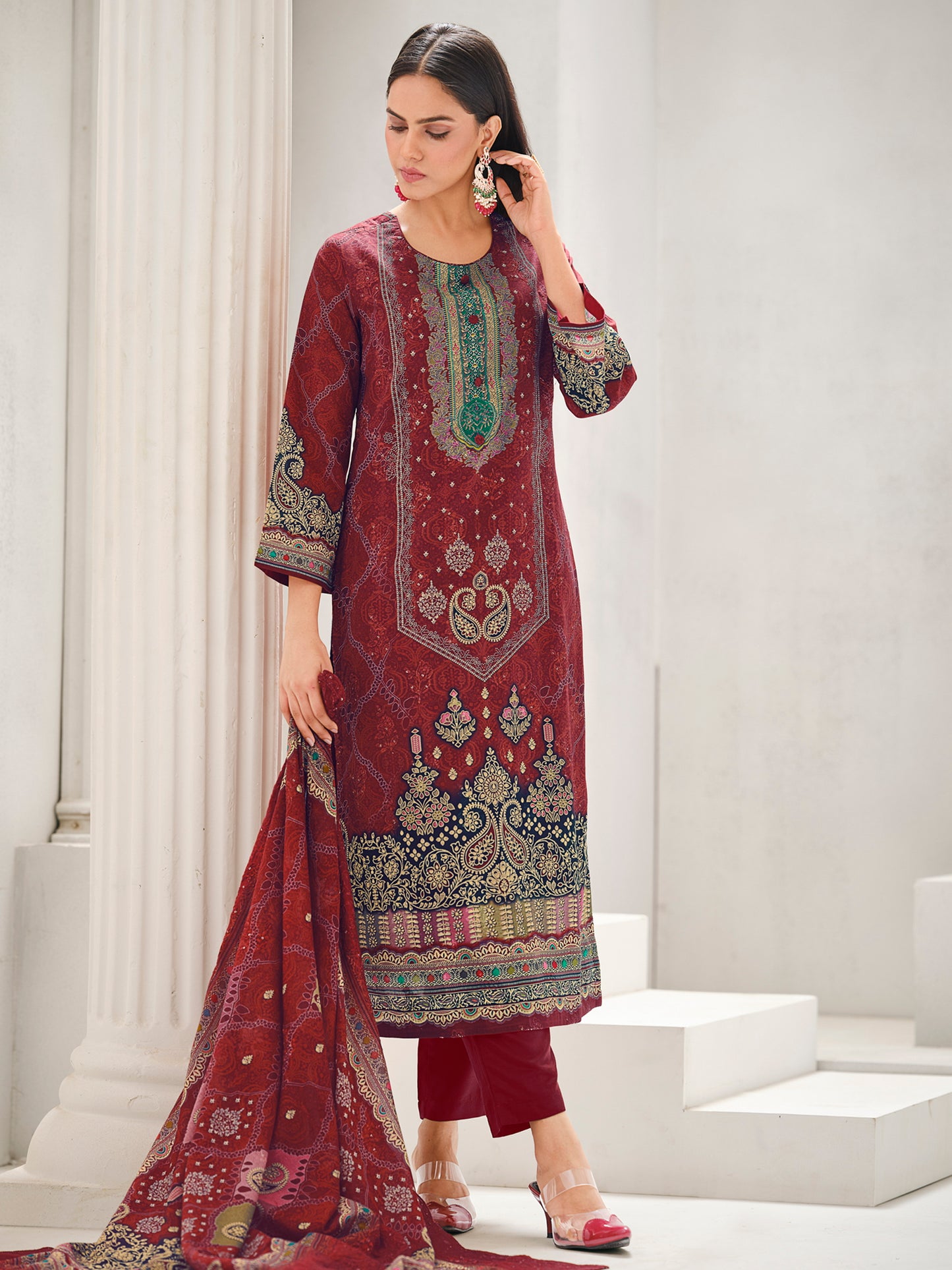 Maroon Lawn Cotton Digital Print Suit | Contrast Floral Design with Resham & Sequin Work| Unstitched Fabric