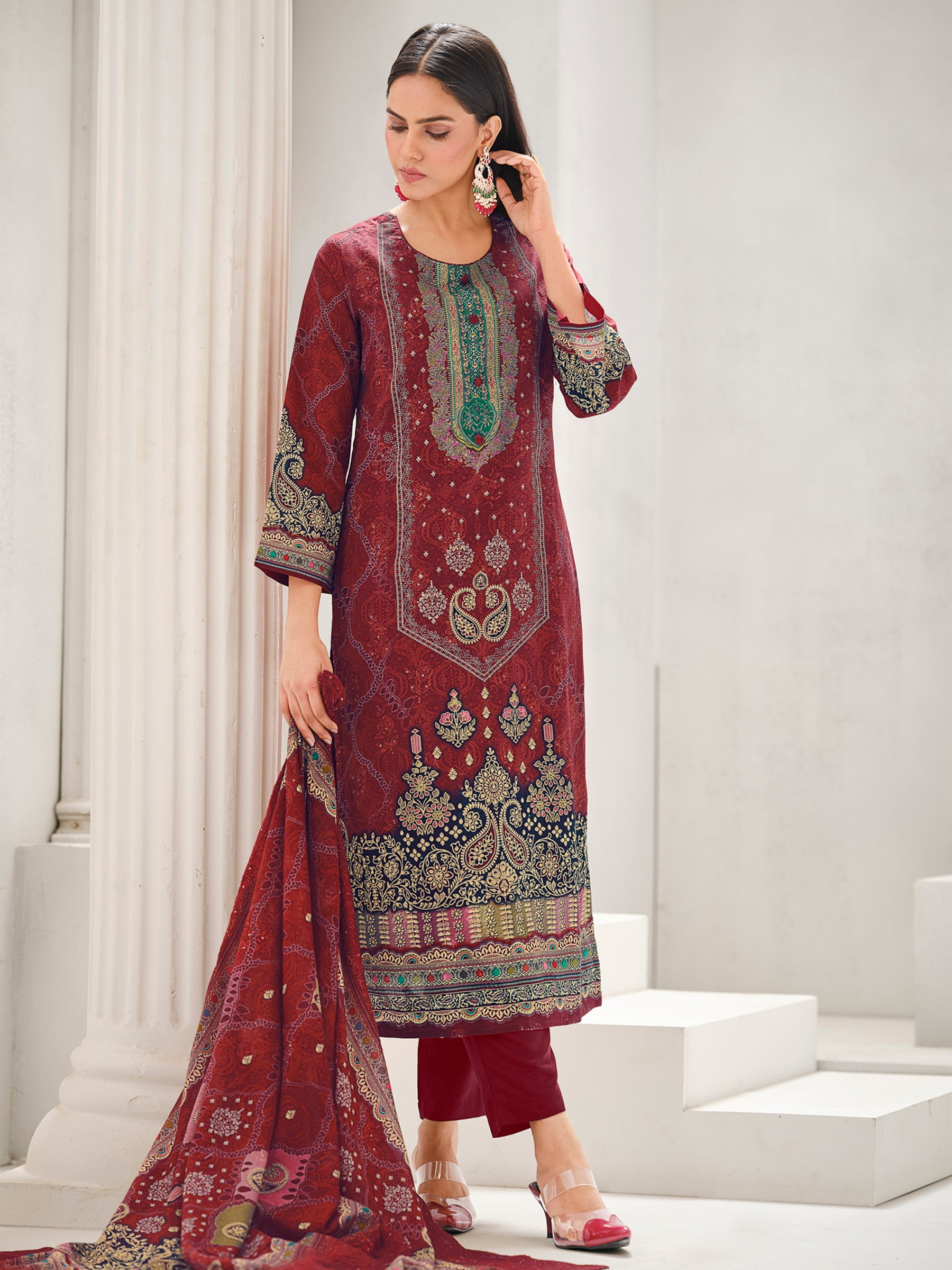 Maroon Lawn Cotton Digital Print Suit | Contrast Floral Design with Resham & Sequin Work