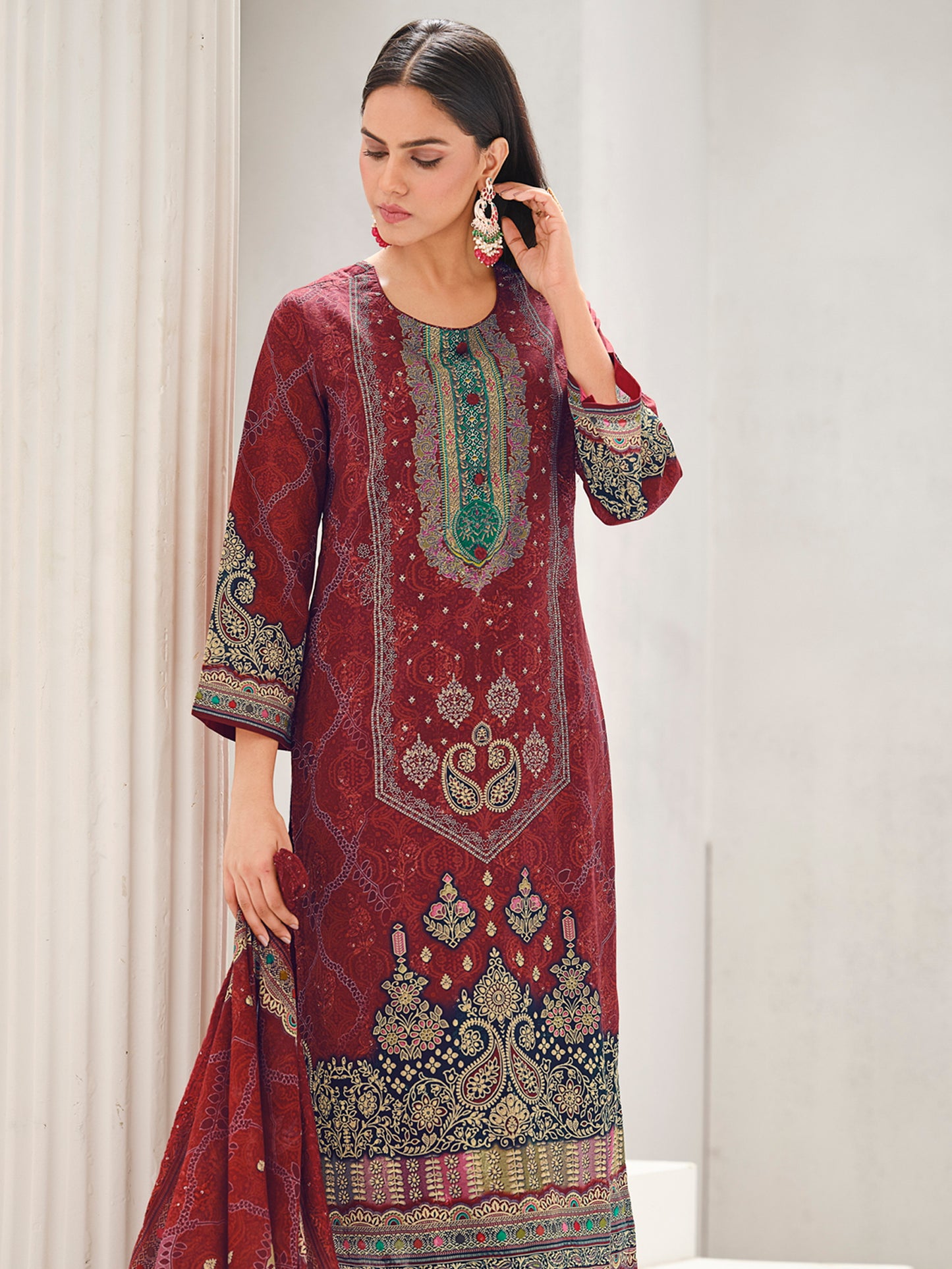 Maroon Lawn Cotton Digital Print Suit | Contrast Floral Design with Resham & Sequin Work| Unstitched Fabric