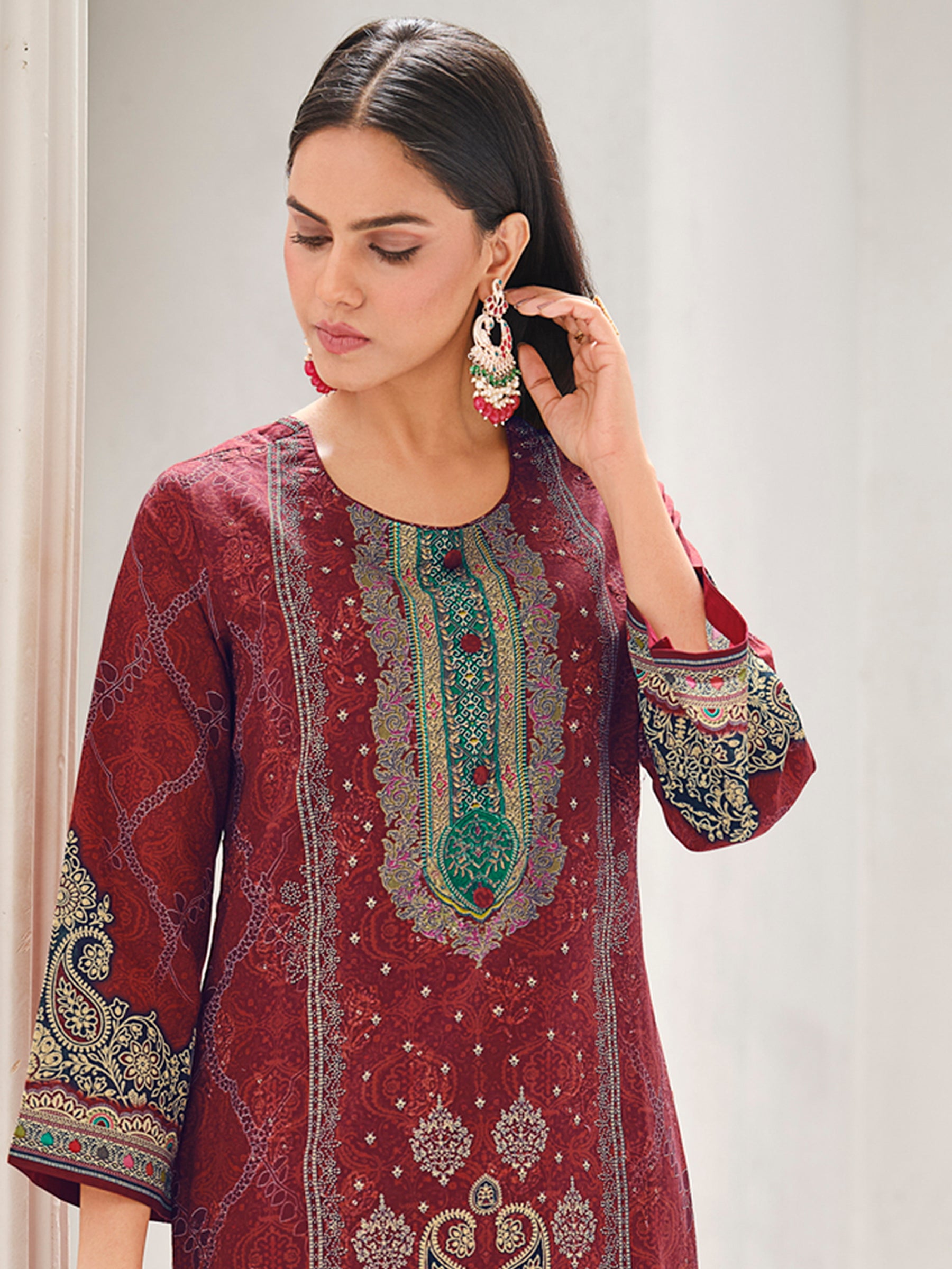 Maroon Lawn Cotton Digital Print Suit | Contrast Floral Design with Resham & Sequin Work