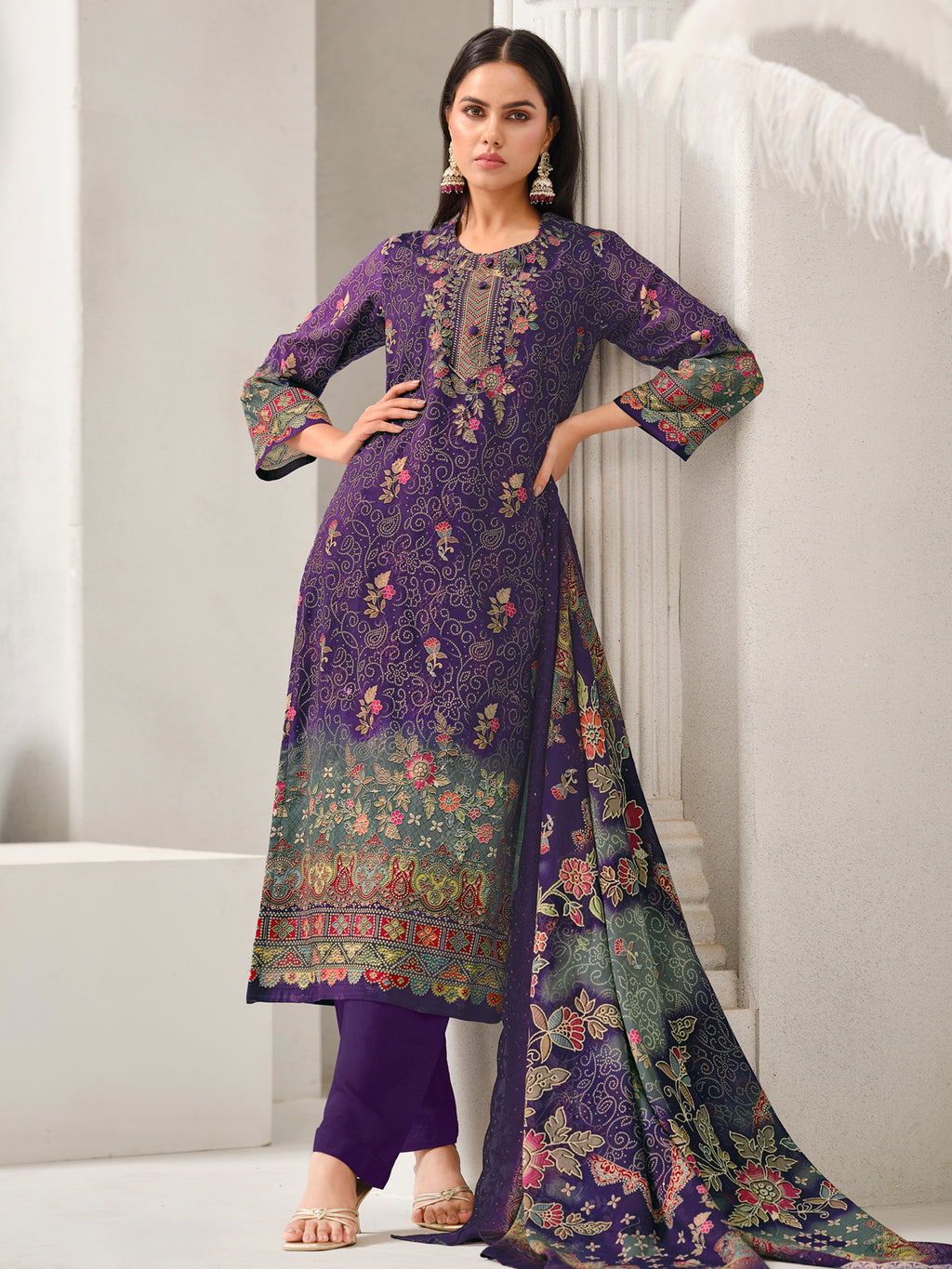 Purple Lawn Cotton Digital Print Suit | Contrast Floral Design with Resham & Sequin Work