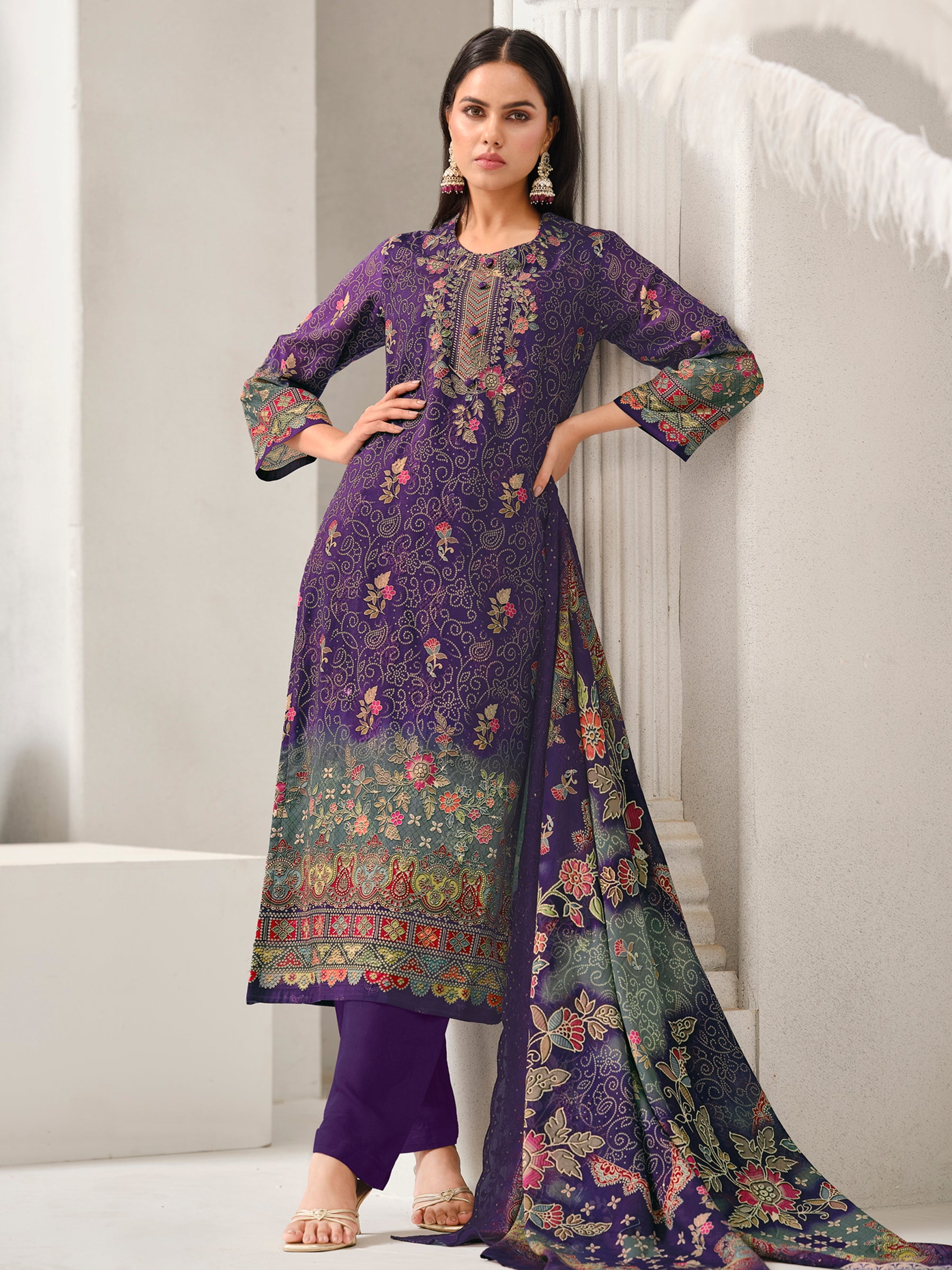 Purple Lawn Cotton Digital Print Suit | Contrast Floral Design with Resham & Sequin Work