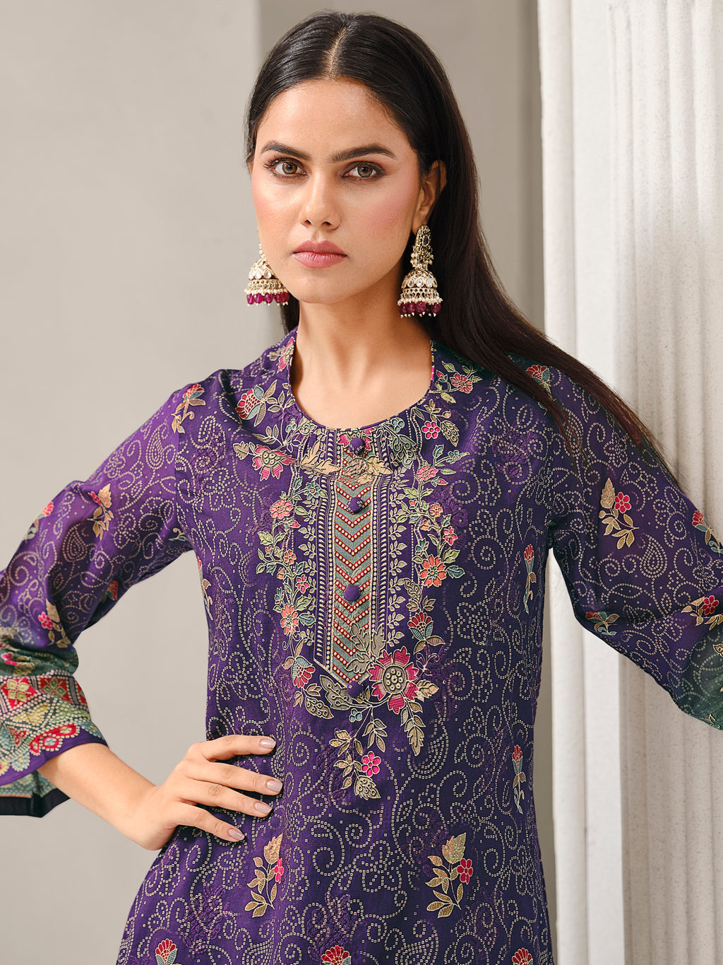 Purple Lawn Cotton Digital Print Suit | Contrast Floral Design with Resham & Sequin Work