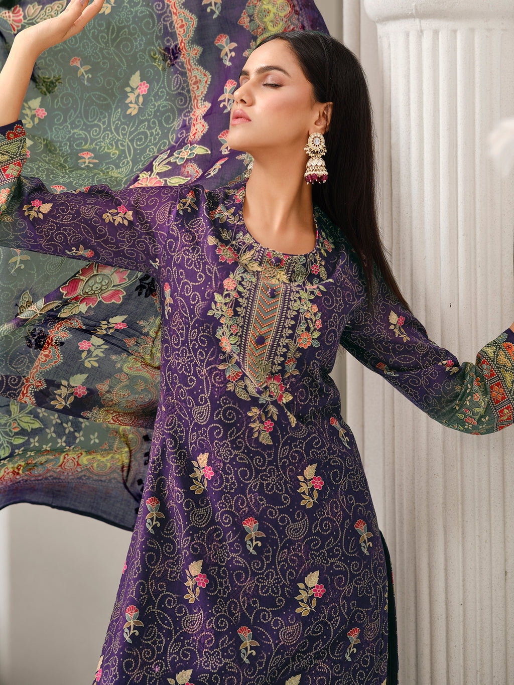 Purple Lawn Cotton Digital Print Suit | Contrast Floral Design with Resham & Sequin Work