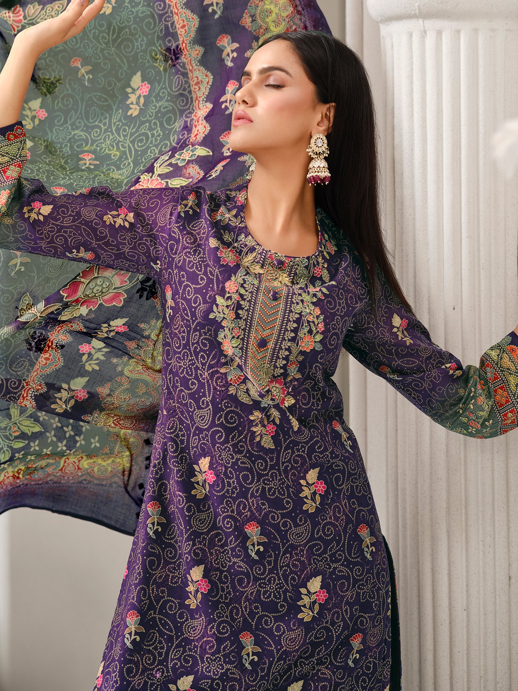 Purple Lawn Cotton Digital Print Suit | Contrast Floral Design with Resham & Sequin Work
