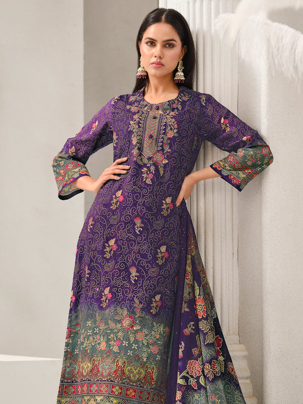 Purple Lawn Cotton Digital Print Suit | Contrast Floral Design with Resham & Sequin Work
