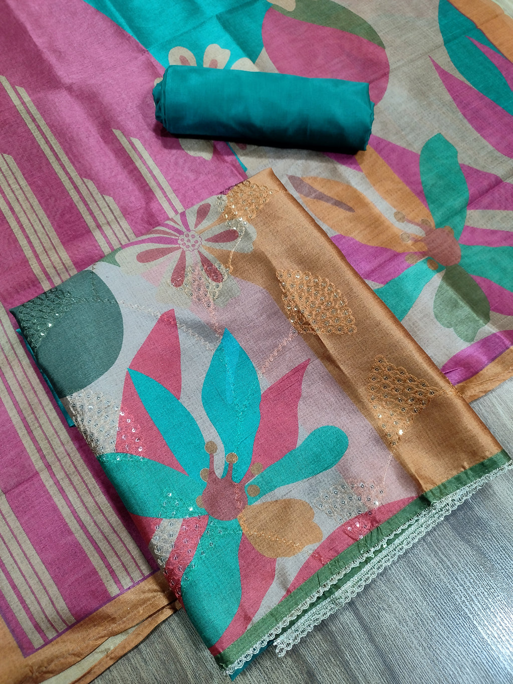 Vibrant Multi-Green Assam Silk Digital Print Suit | Resham Thread & Sequin Embellishments