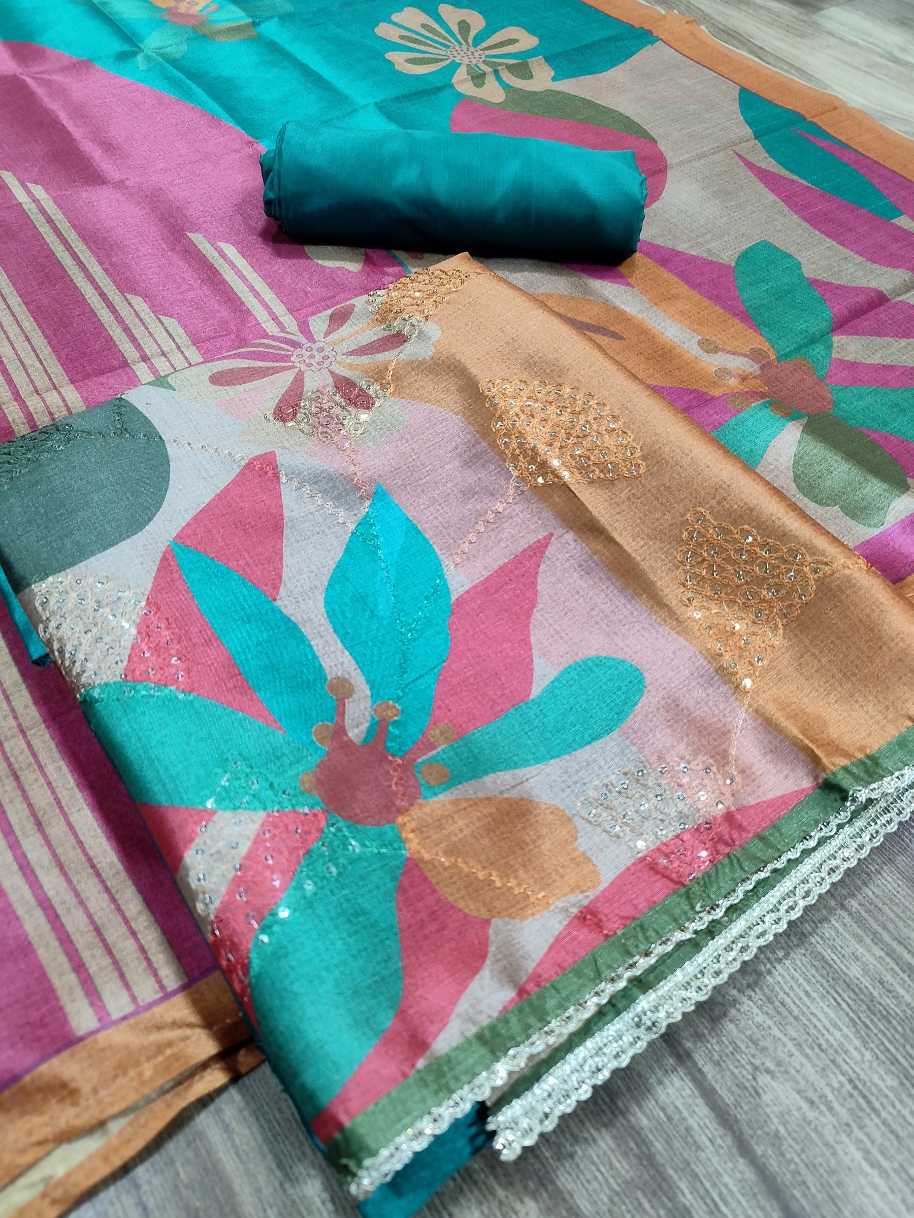 Vibrant Multi-Green Assam Silk Digital Print Suit | Resham Thread & Sequin Embellishments