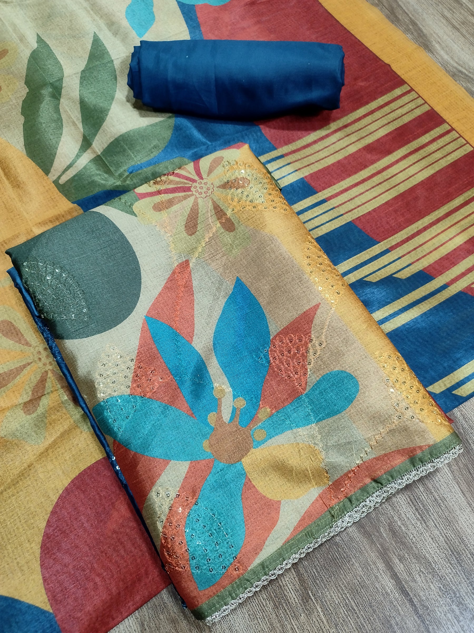 Regal Multi-Navy Assam Silk Digital Print Suit | Resham Embroidery & Sequin Accents