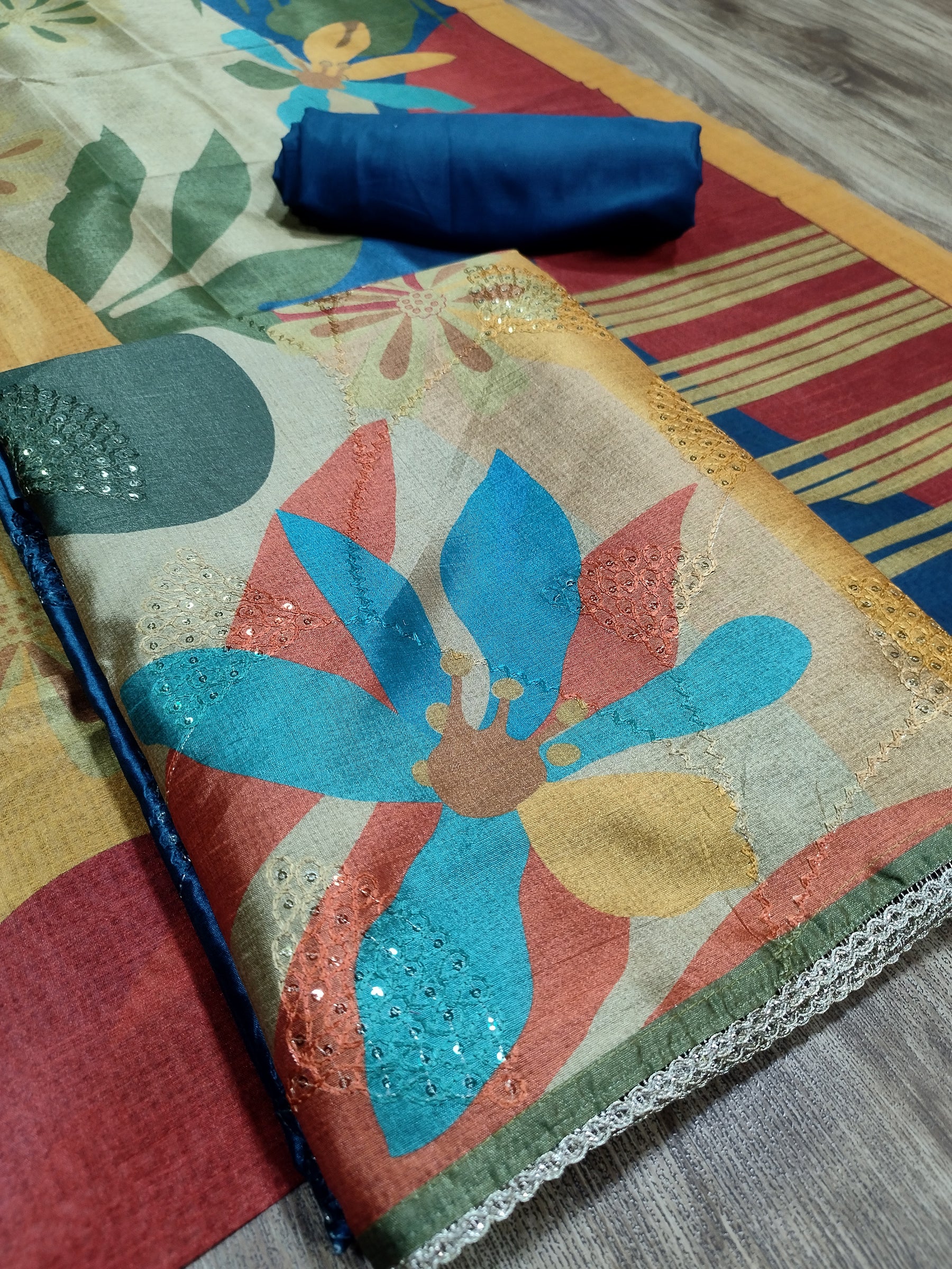 Regal Multi-Navy Assam Silk Digital Print Suit | Resham Embroidery & Sequin Accents