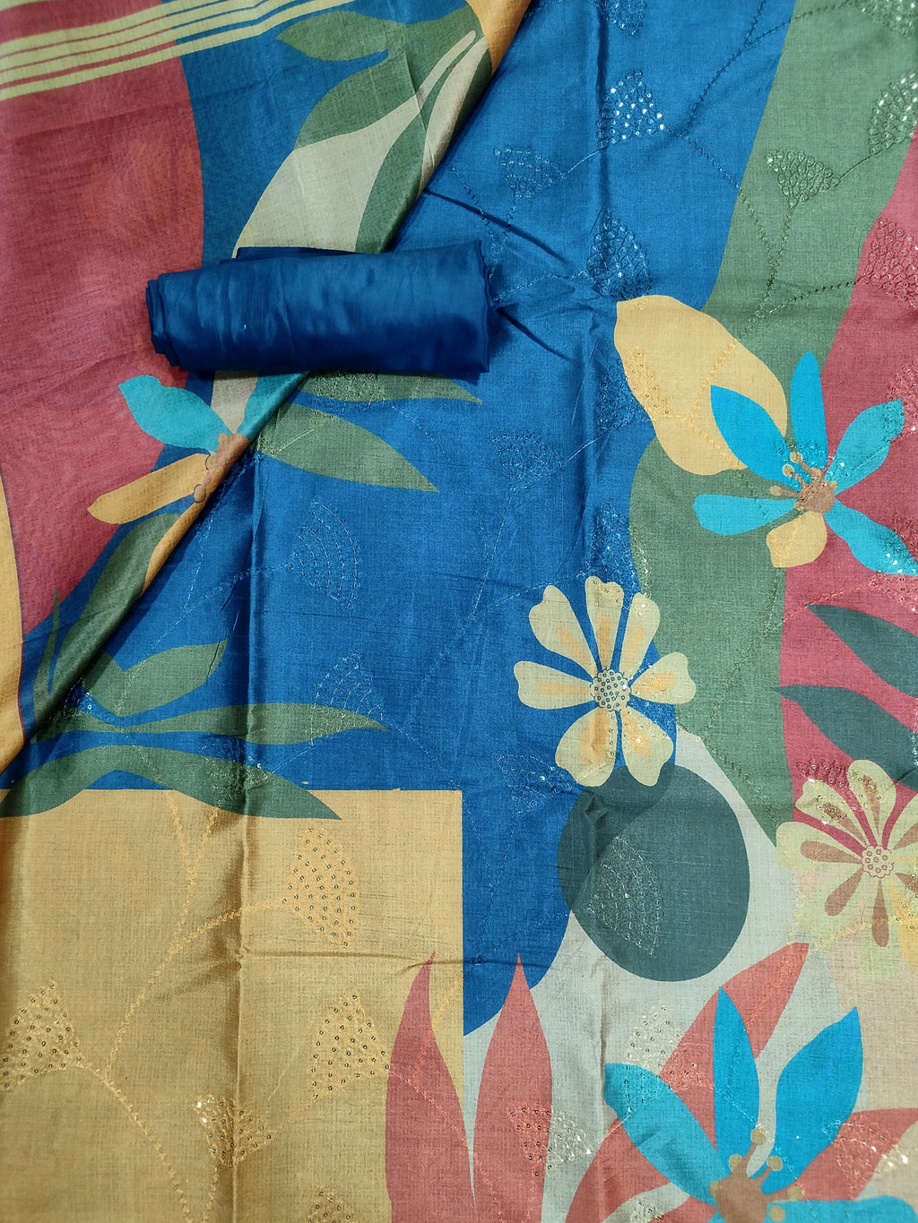 Regal Multi-Navy Assam Silk Digital Print Suit | Resham Embroidery & Sequin Accents