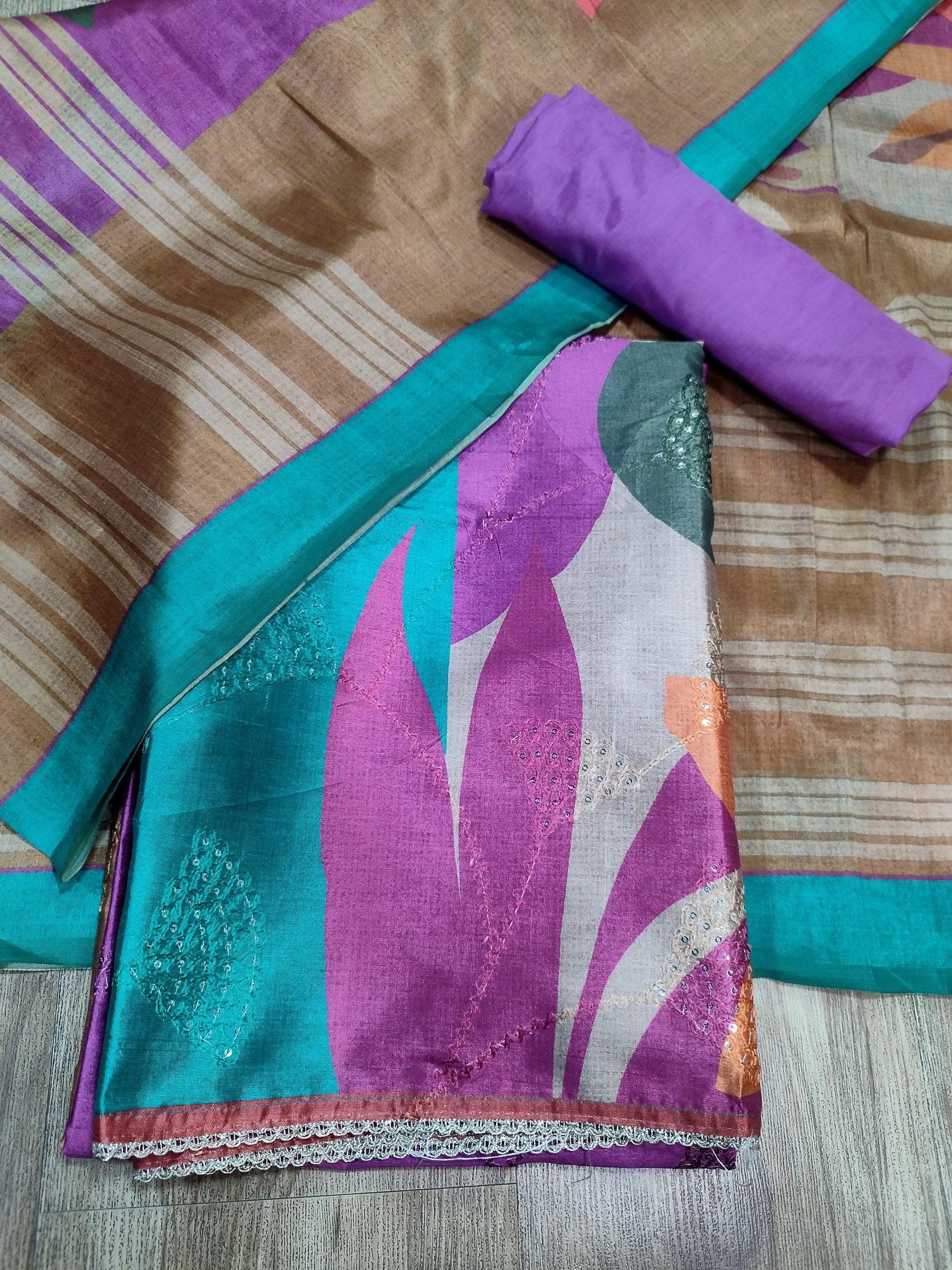 Elegant Multi-Purple Assam Silk Digital Print Suit | Resham Threadwork & Sequin Details