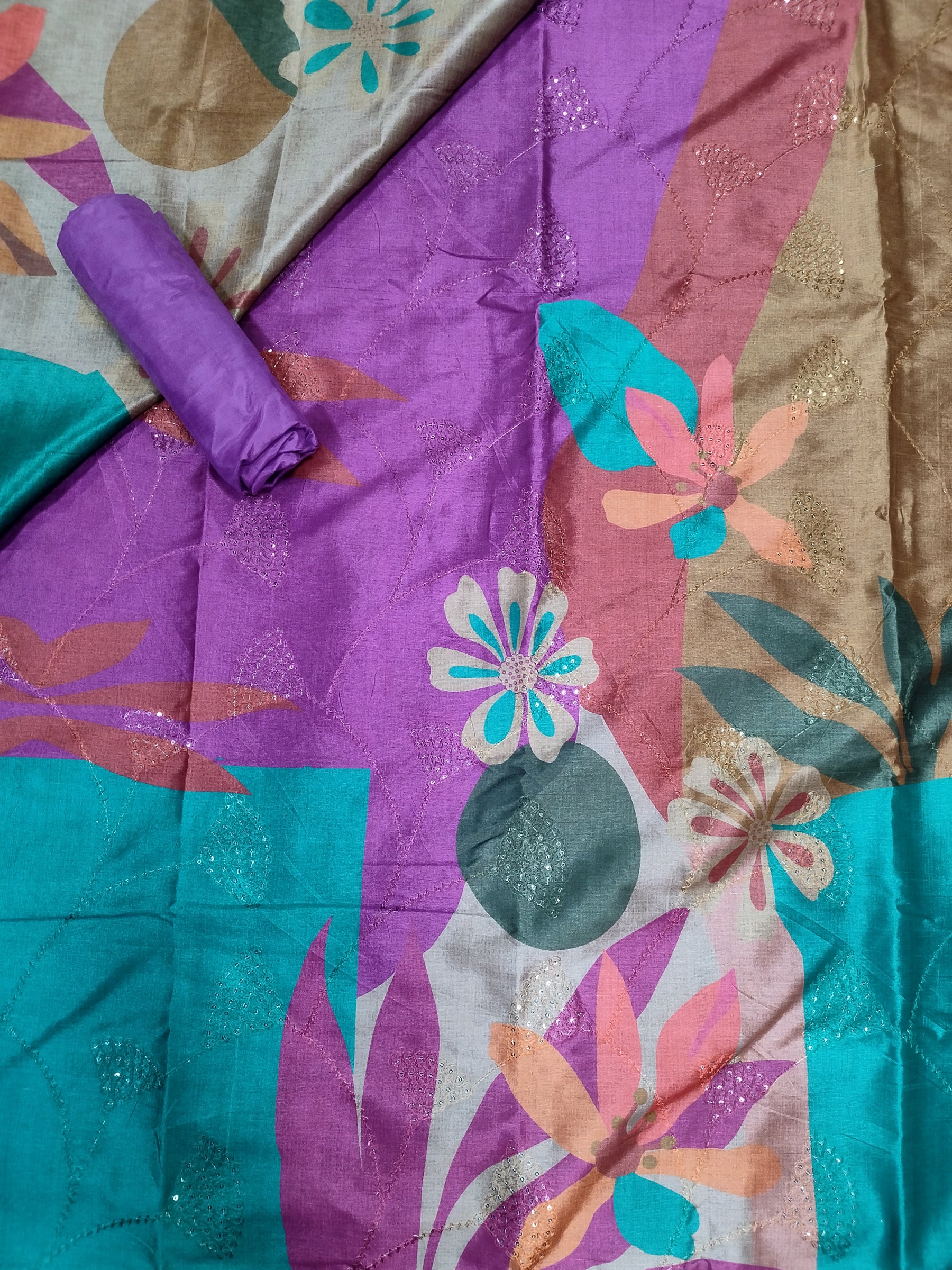 Elegant Multi-Purple Assam Silk Digital Print Suit | Resham Threadwork & Sequin Details