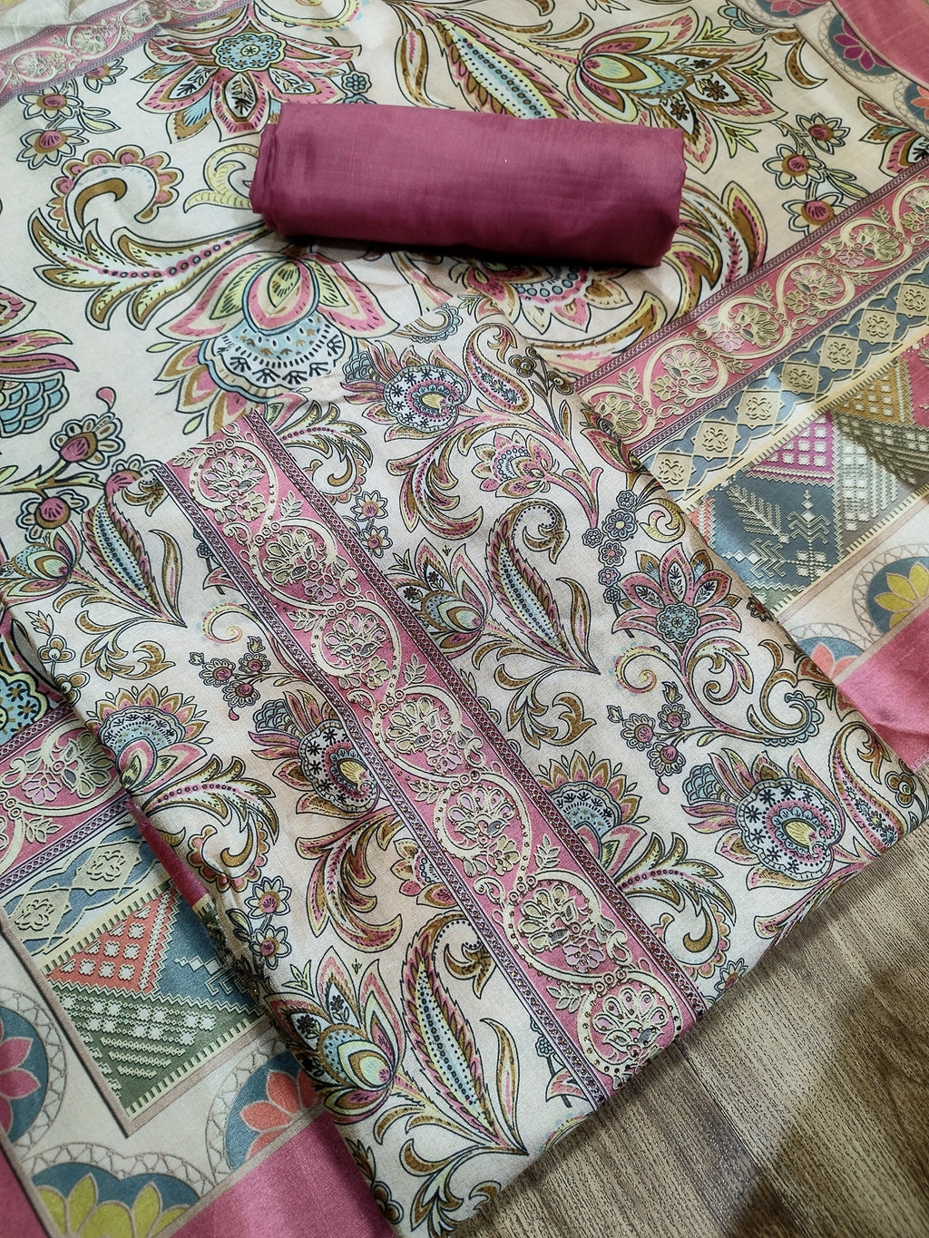 Delicate Pink Assam Silk Digital Print Suit | Crystal Embellished Floral Design