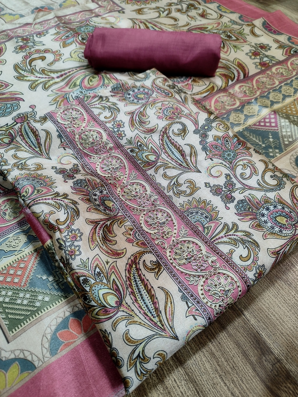 Delicate Pink Assam Silk Digital Print Suit | Crystal Embellished Floral Design