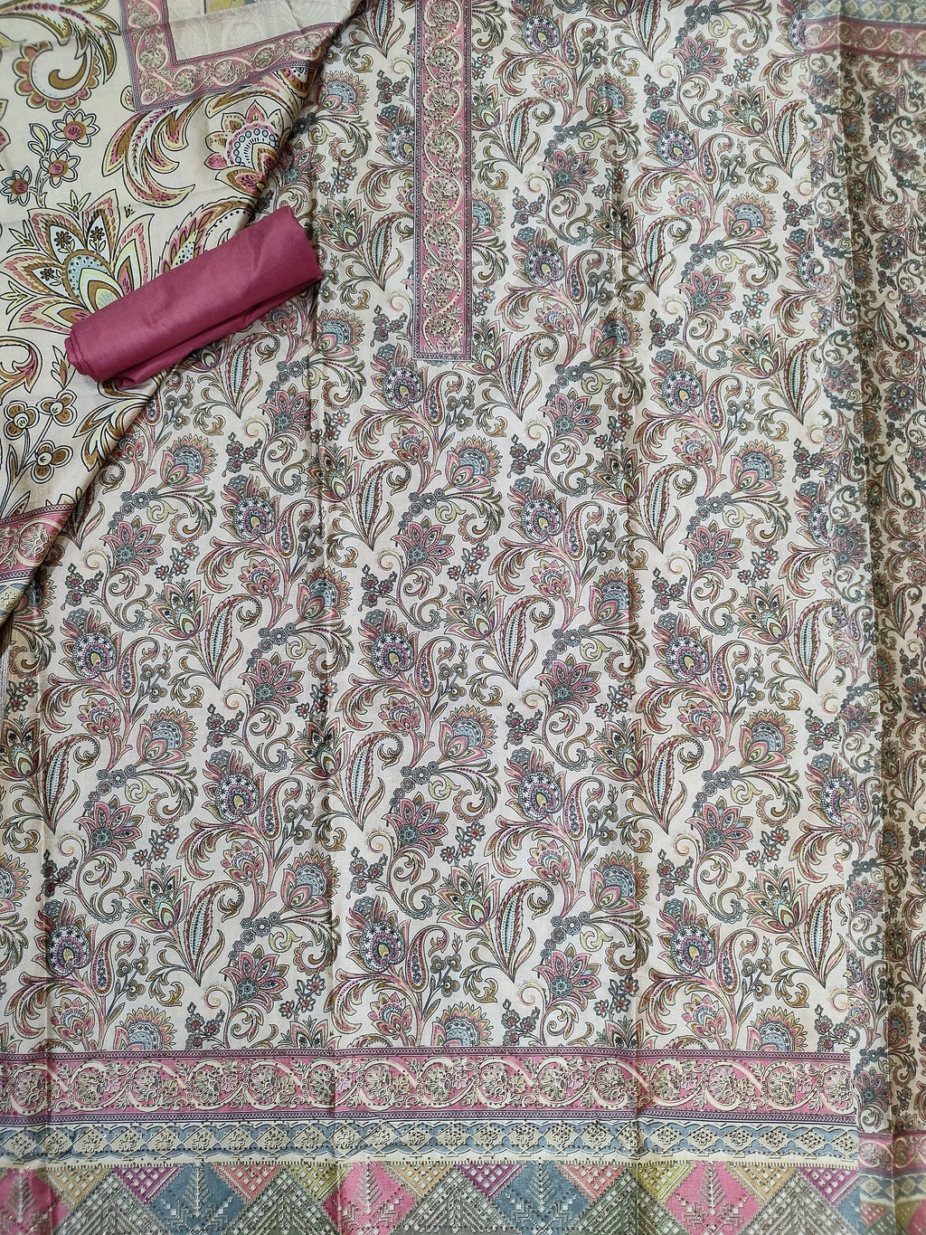 Delicate Pink Assam Silk Digital Print Suit | Crystal Embellished Floral Design