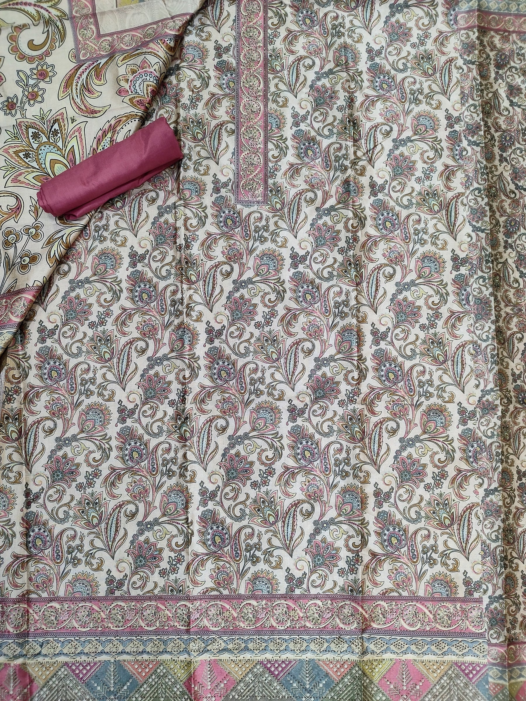 Delicate Pink Assam Silk Digital Print Suit | Crystal Embellished Floral Design