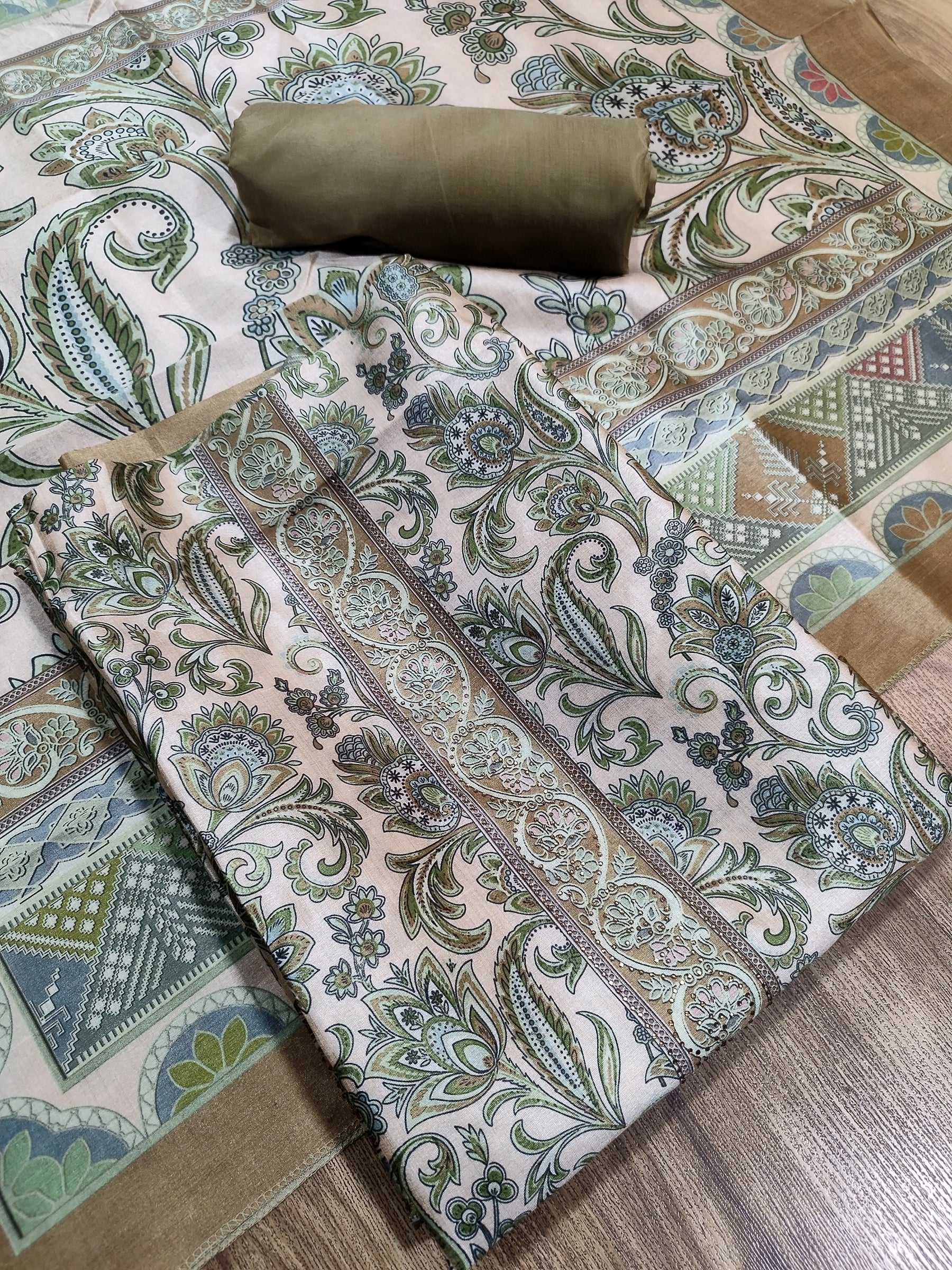 Refreshing Green Assam Silk Digital Print Suit | Crystal Embellished Floral Design