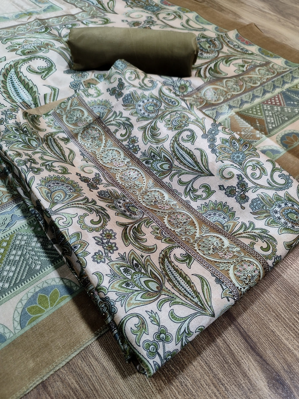 Refreshing Green Assam Silk Digital Print Suit | Crystal Embellished Floral Design