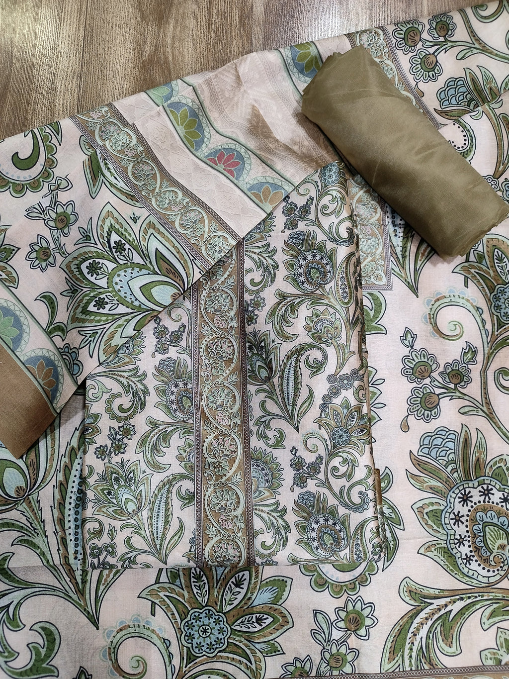 Refreshing Green Assam Silk Digital Print Suit | Crystal Embellished Floral Design