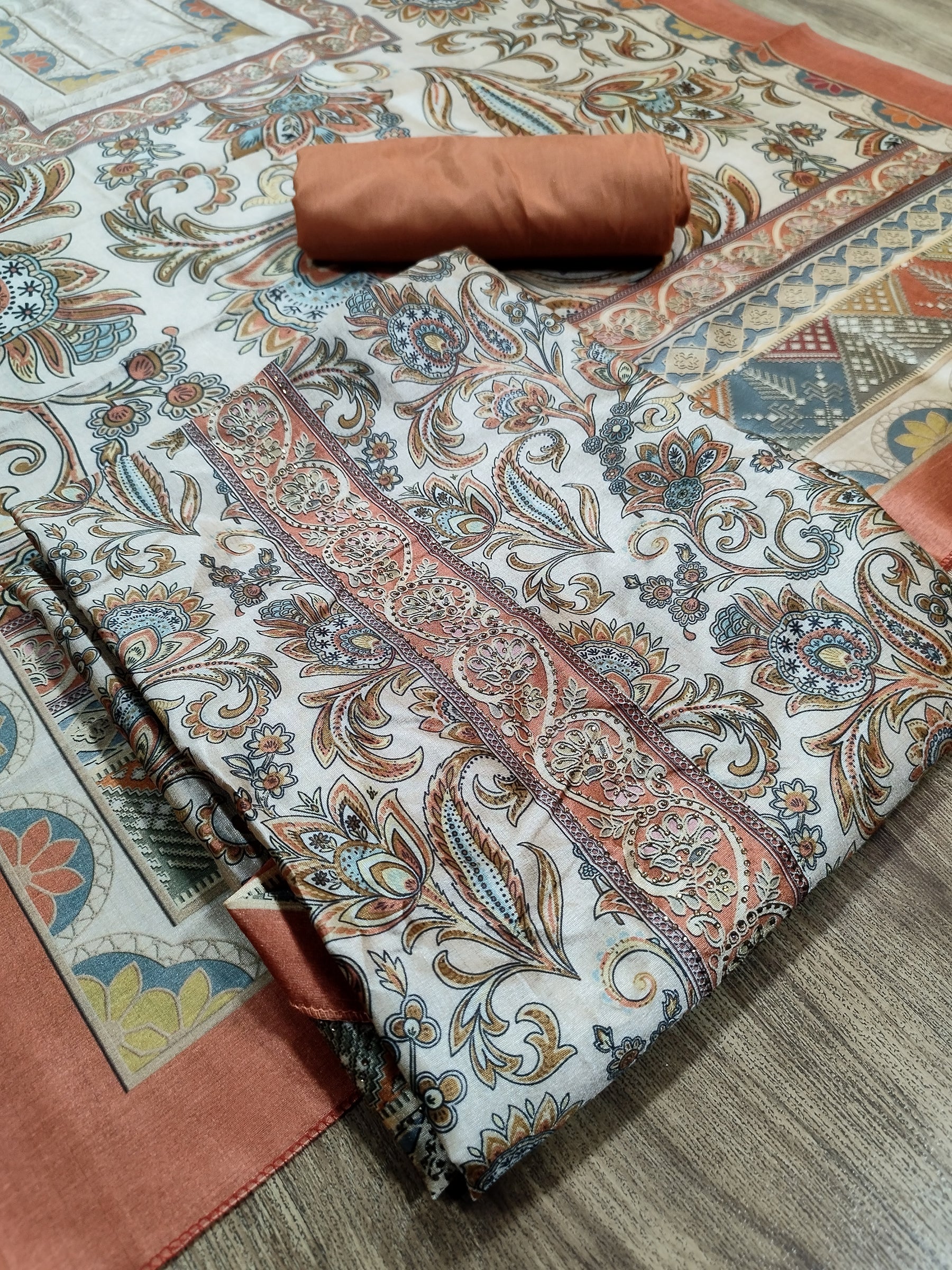 Radiant Peach Assam Silk Digital Print Suit | Crystal Embellished Floral Design