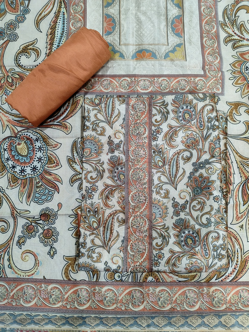 Radiant Peach Assam Silk Digital Print Suit | Crystal Embellished Floral Design