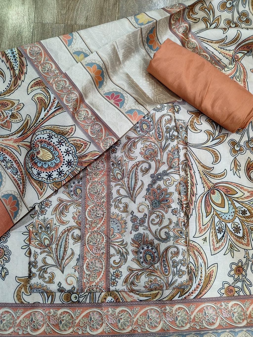 Radiant Peach Assam Silk Digital Print Suit | Crystal Embellished Floral Design