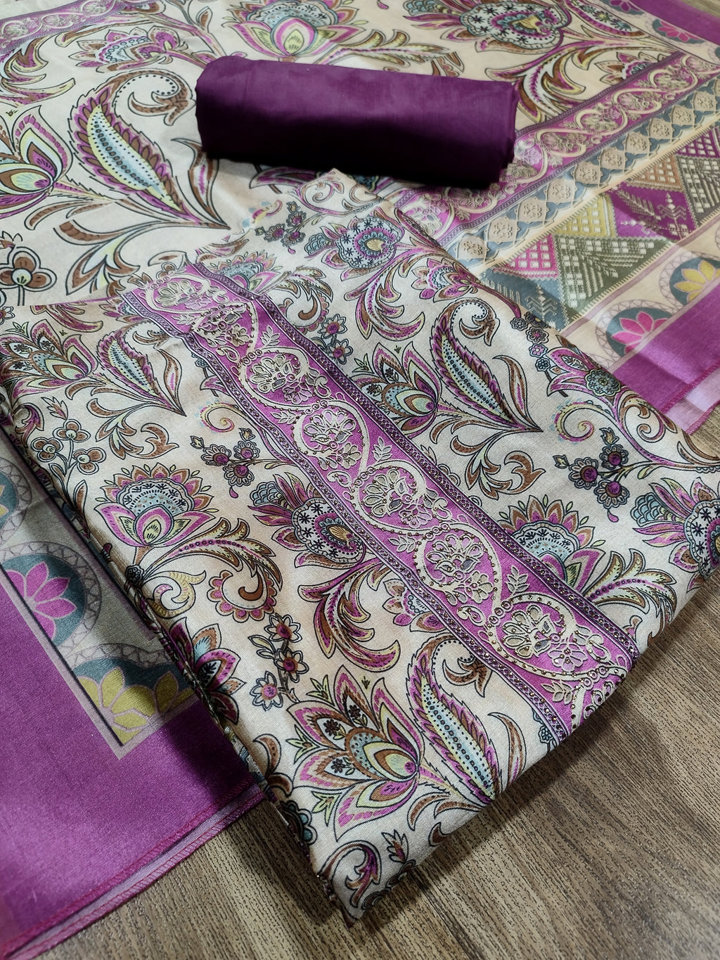 Regal Purple Assam Silk Digital Print Suit | Crystal Embellished Floral Design