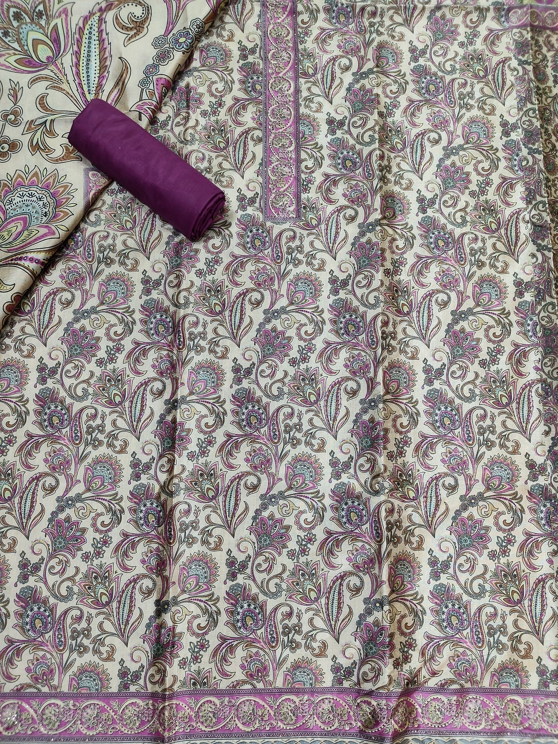 Regal Purple Assam Silk Digital Print Suit | Crystal Embellished Floral Design